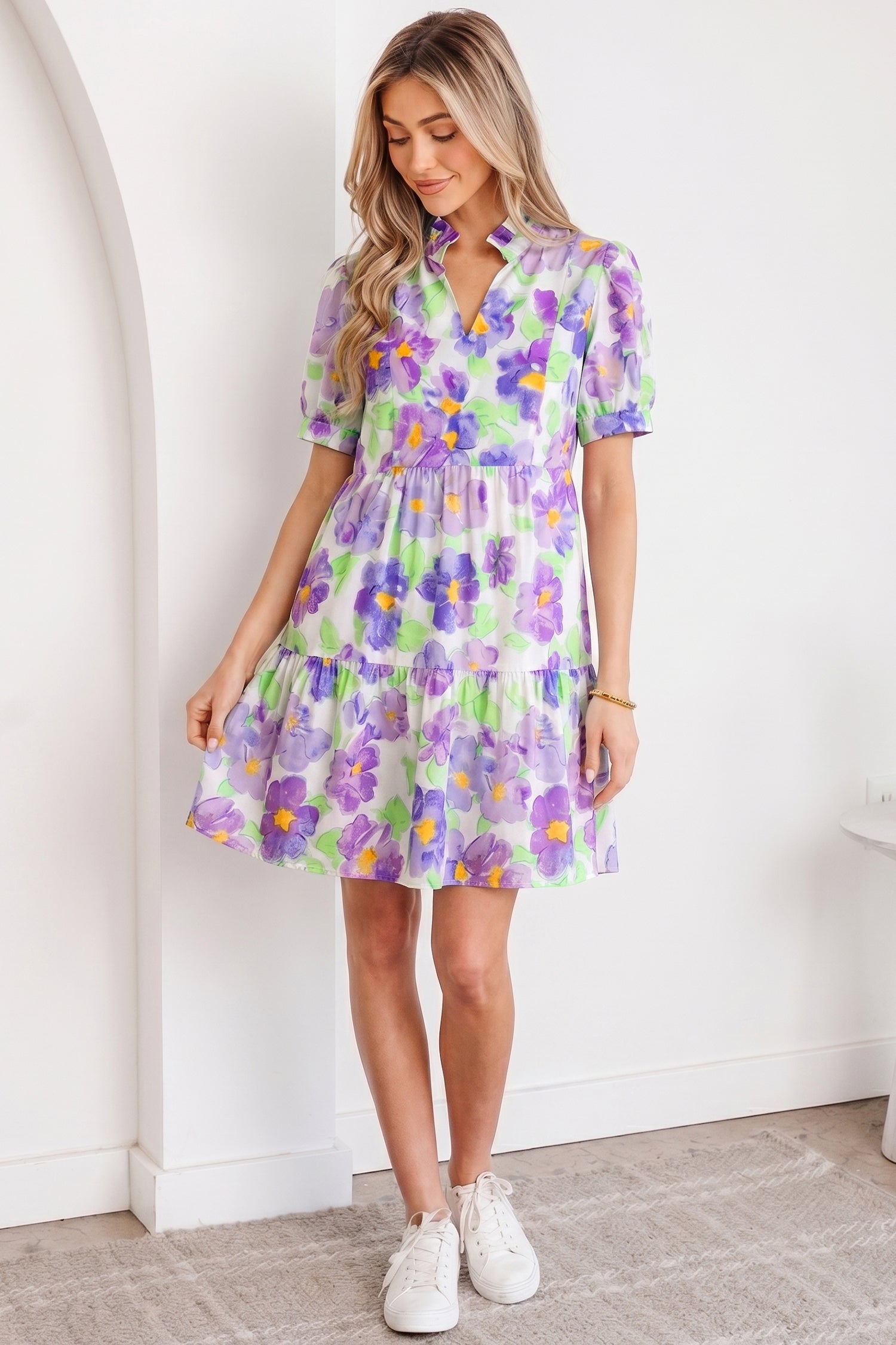 Purple Floral V Collar Short Sleeve Tiered Ruffle Mini Dress-TOPS / DRESSES-[Adult]-[Female]-2022 Online Blue Zone Planet