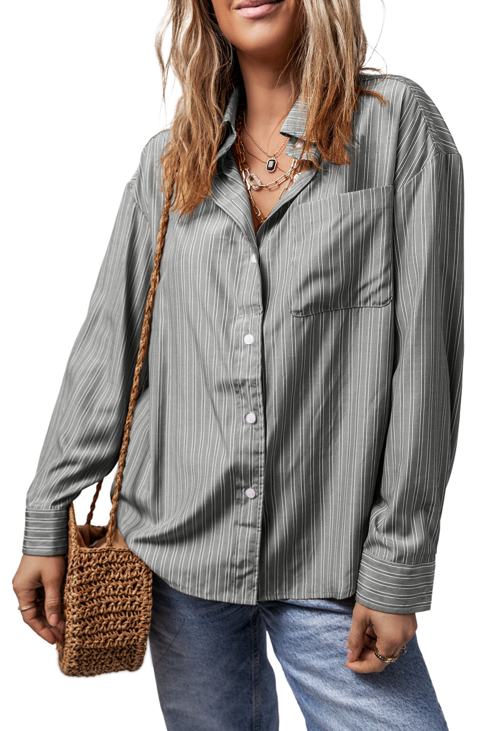 Striped Button Up Long Sleeve Shirt-TOPS / DRESSES-[Adult]-[Female]-2022 Online Blue Zone Planet