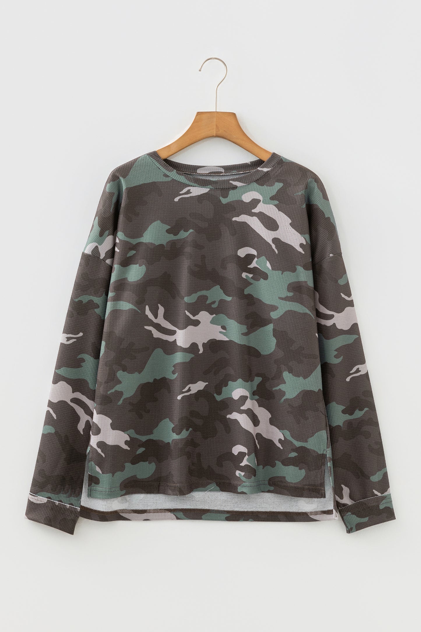 Green Camouflage Print Textured Drop Shoulder Long Sleeve Top-Tops/Long Sleeve Tops-[Adult]-[Female]-Green-S-2022 Online Blue Zone Planet