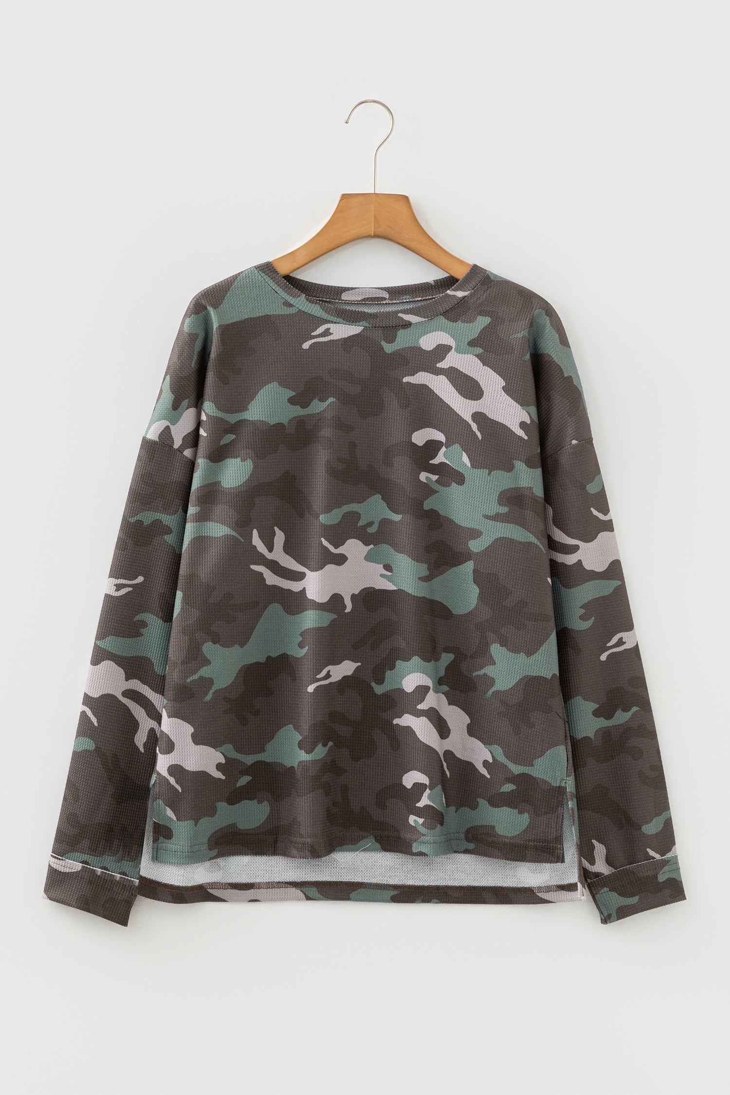 Green Camouflage Print Textured Drop Shoulder Long Sleeve Top-Tops/Long Sleeve Tops-[Adult]-[Female]-Green-S-2022 Online Blue Zone Planet