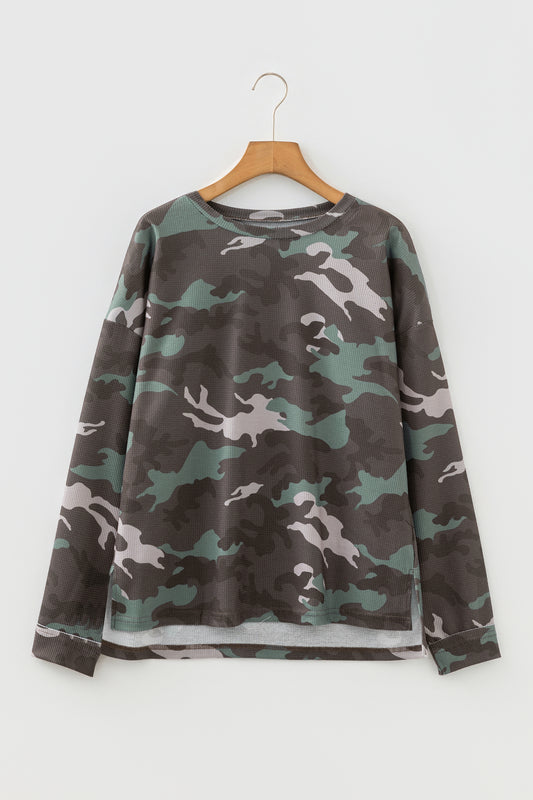 Green Camouflage Print Textured Drop Shoulder Long Sleeve Top-Tops/Long Sleeve Tops-[Adult]-[Female]-Green-S-2022 Online Blue Zone Planet