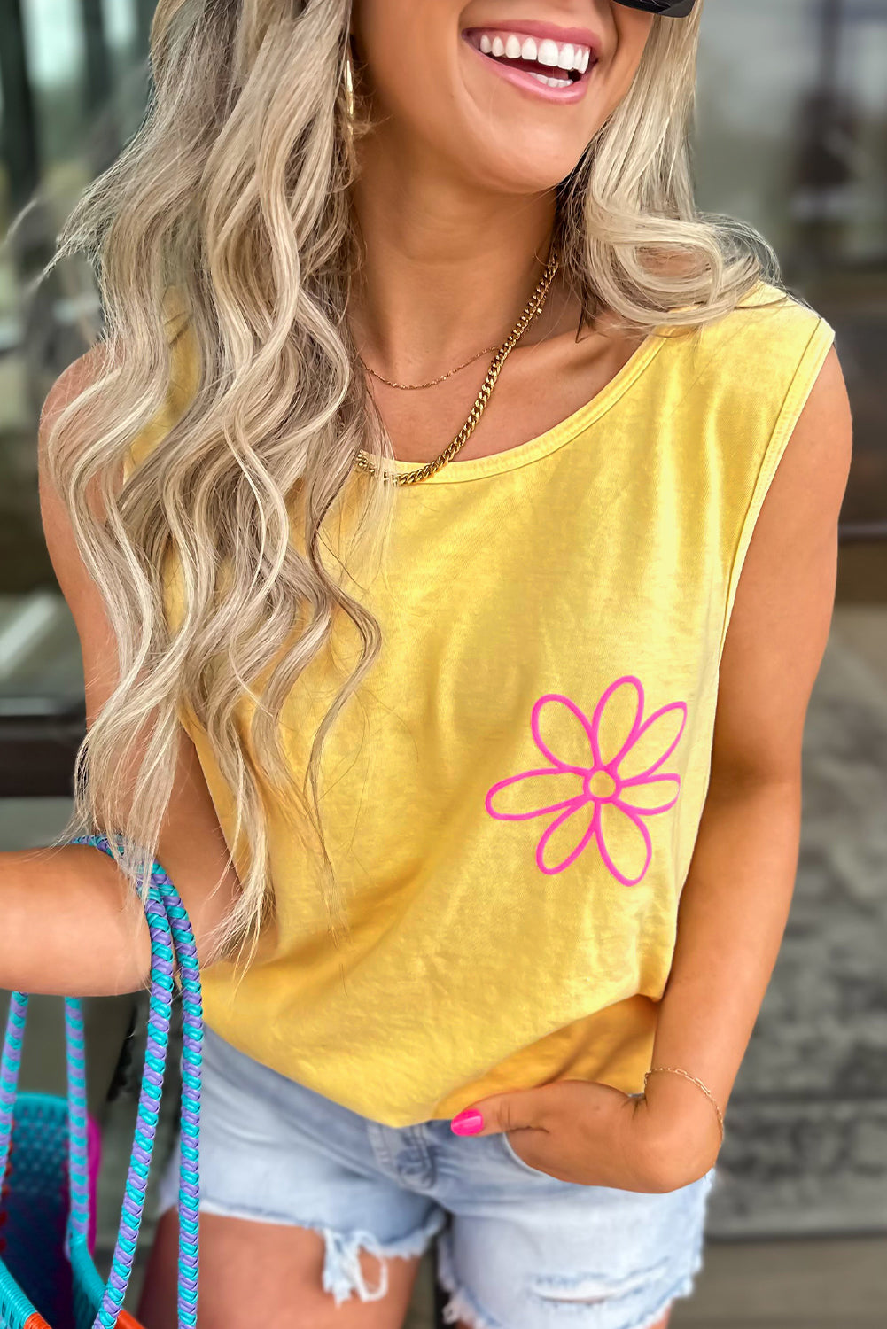 Yellow Cream Flower Graphic Casual Tank Top-Tops/Tank Tops-[Adult]-[Female]-Yellow Cream-S-2022 Online Blue Zone Planet