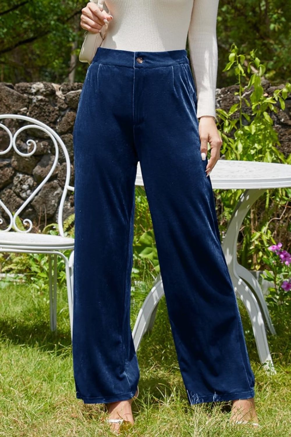 Velvet Wide Leg Pants with Pockets-BOTTOMS SIZES SMALL MEDIUM LARGE-[Adult]-[Female]-2022 Online Blue Zone Planet