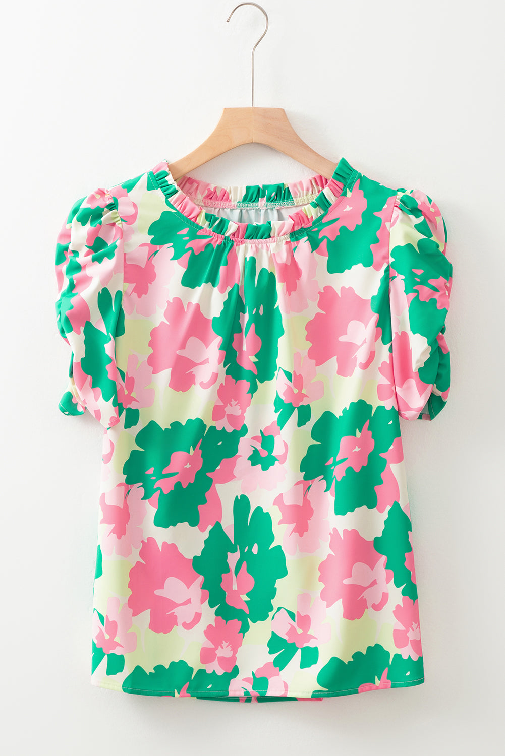 Green Abstract Print Frilly Neck Ruched Short Sleeve Blouse-Tops/Blouses & Shirts-[Adult]-[Female]-2022 Online Blue Zone Planet