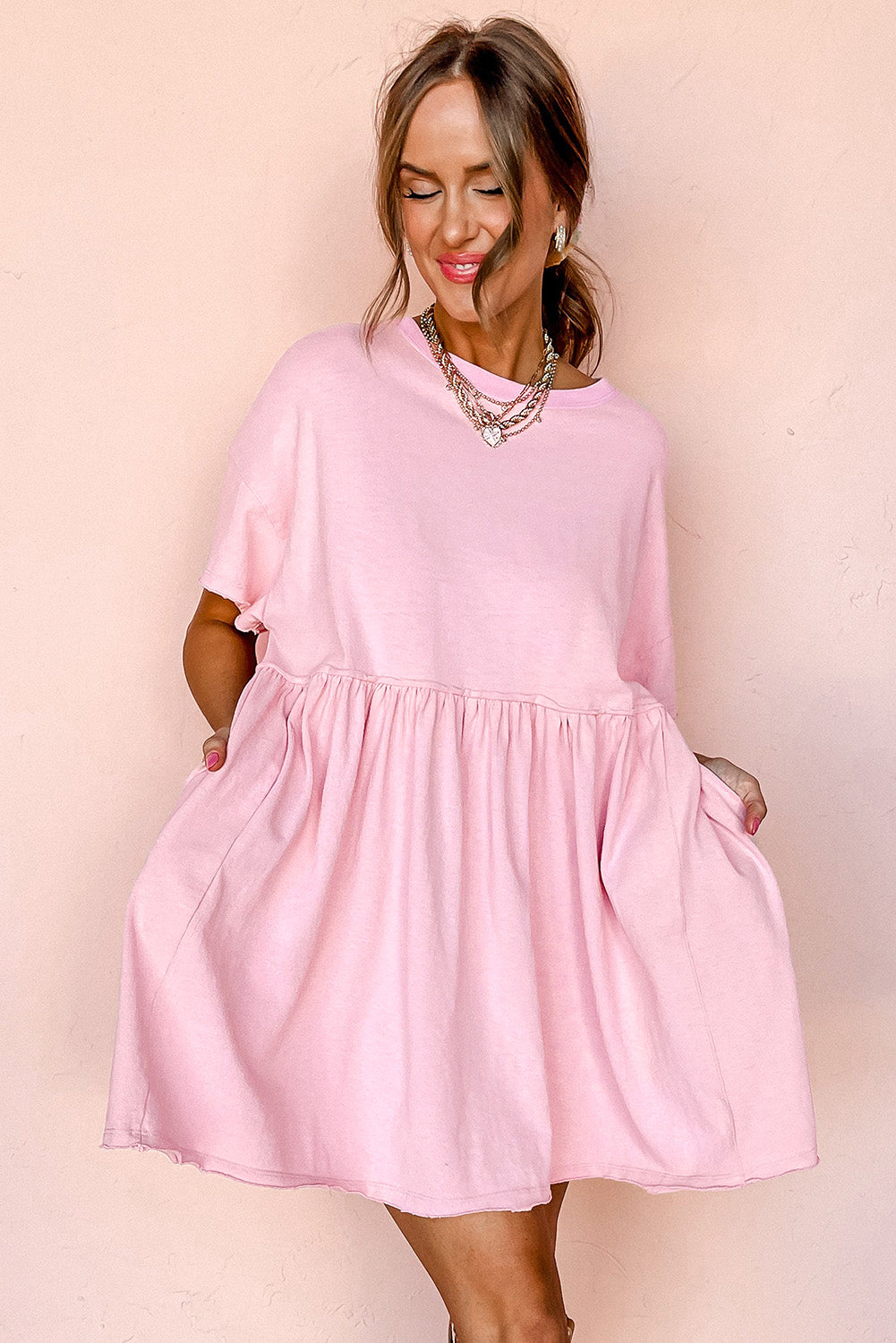 Light Pink Solid Color Pocketed Raw Edge Babydoll Dress-TOPS / DRESSES-[Adult]-[Female]-2022 Online Blue Zone Planet