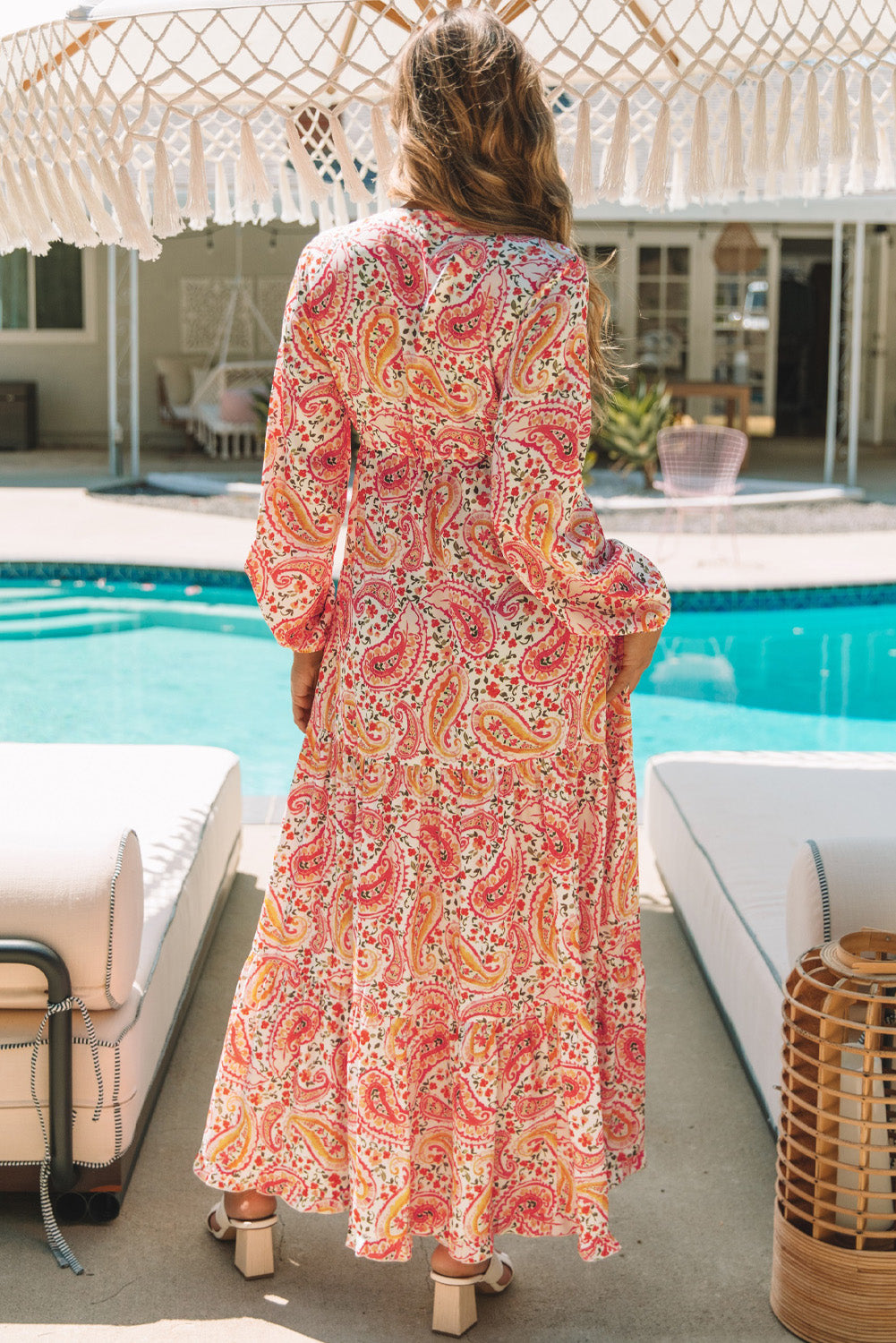 Orange Boho Holiday Paisley Print Tiered Long Sleeve Maxi Dress-TOPS / DRESSES-[Adult]-[Female]-2022 Online Blue Zone Planet