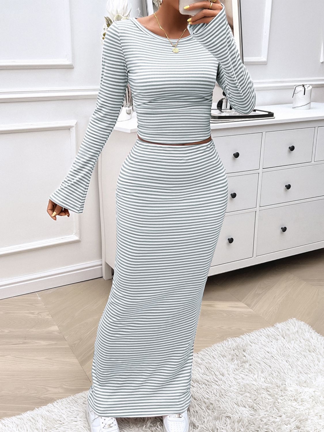 Striped Boat Neck Top and Skirt Set-TOPS / DRESSES-[Adult]-[Female]-2022 Online Blue Zone Planet