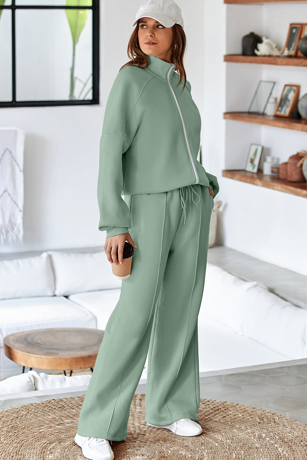 Clearly Aqua Drop Shoulder Zip Up Jacket Drawstring Pants Active 2pcs Set-Activewear/Activewear Sets-[Adult]-[Female]-2022 Online Blue Zone Planet
