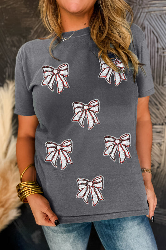 Gray Sequin Bow Baseball Fashion Graphic Tee-Graphic/Graphic Tees-[Adult]-[Female]-Gray-S-2022 Online Blue Zone Planet