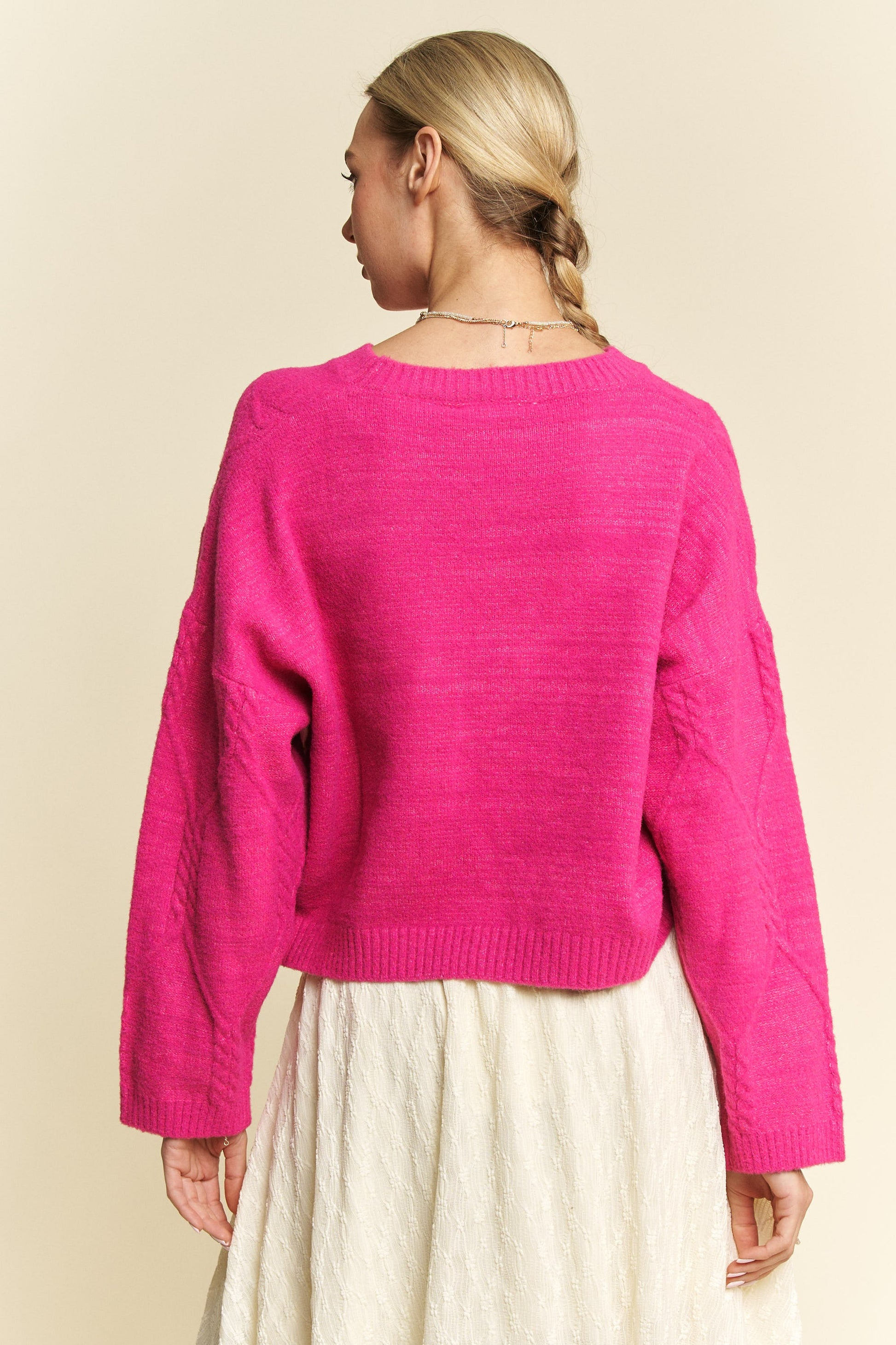 Davi & Dani Diamond Cable Pattern Drop Shoulder Sweater-TOPS / DRESSES-[Adult]-[Female]-2022 Online Blue Zone Planet