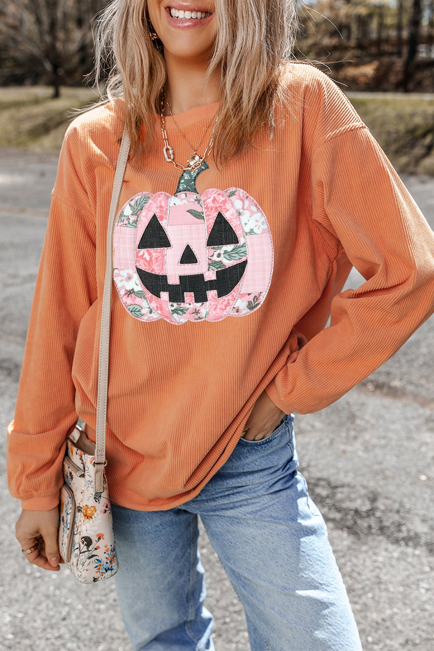 Orange Patchwork Pumpkin Graphic Corded Ribbed Round Neck Tunic Sweatshirt-Graphic/Graphic Sweatshirts-[Adult]-[Female]-2022 Online Blue Zone Planet