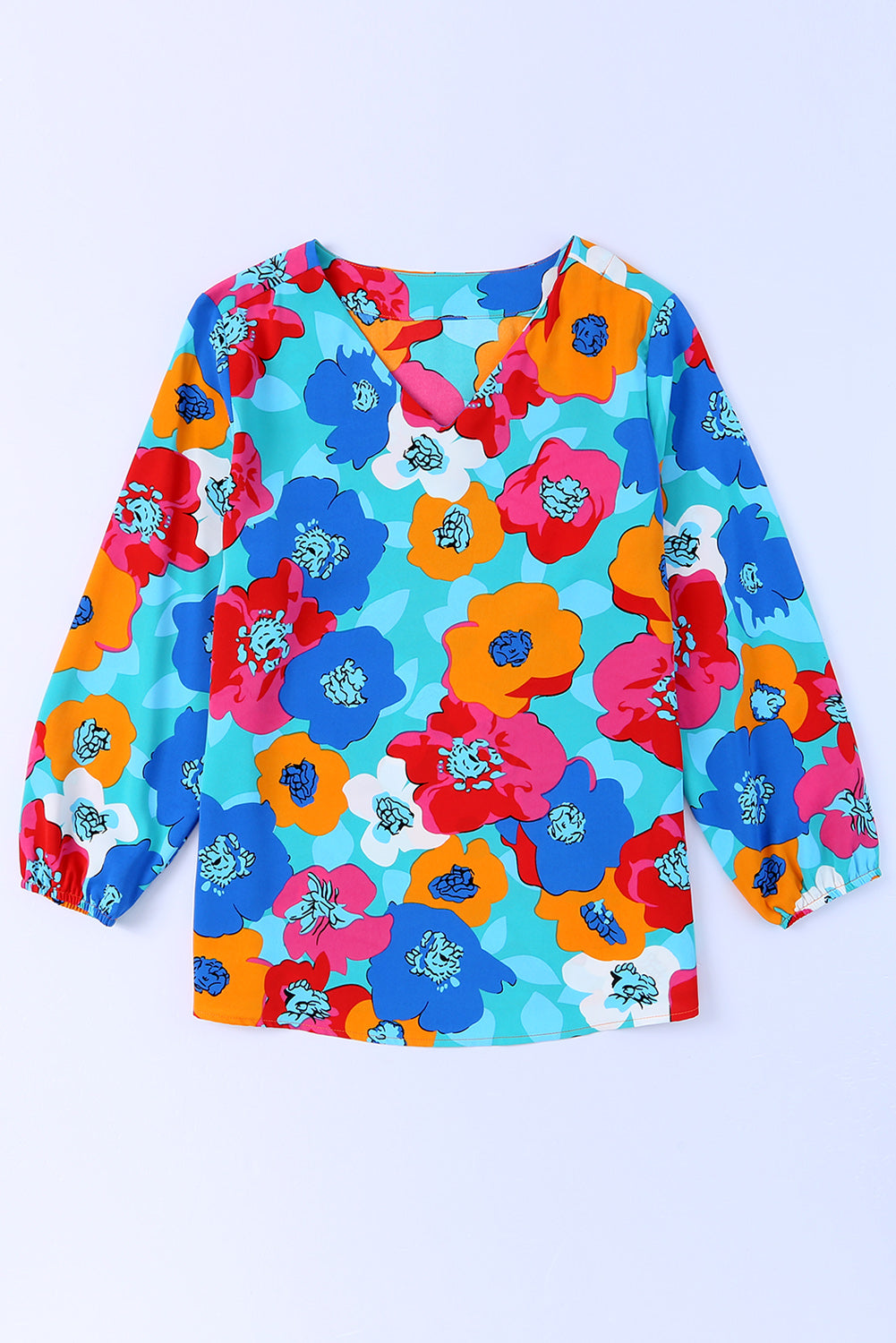 Multicolor Floral Print V Neck 3/4 Sleeve Blouse-Tops/Blouses & Shirts-[Adult]-[Female]-2022 Online Blue Zone Planet