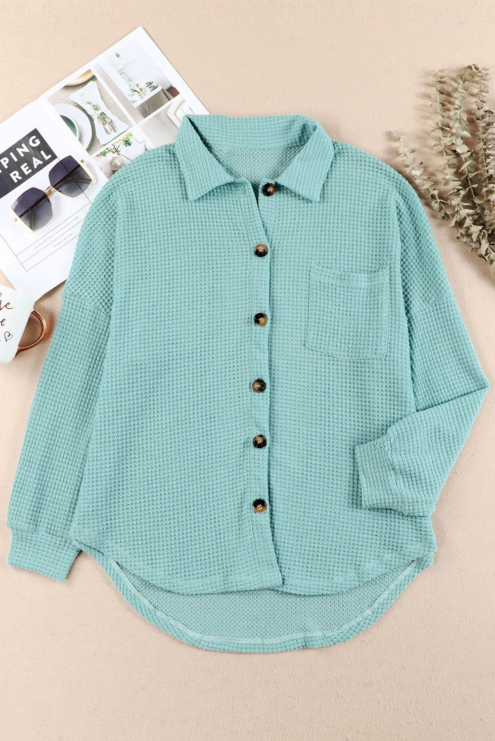 Waffle-Knit Collared Neck Long Sleeve Shirt-TOPS / DRESSES-[Adult]-[Female]-2022 Online Blue Zone Planet