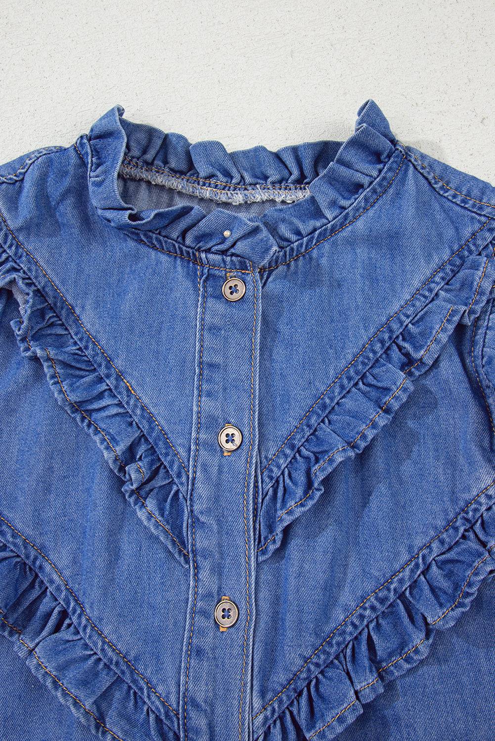 Sky Blue Mineral Wash Cap Sleeve Frilled Button Up Denim Shirt-Tops/Blouses & Shirts-[Adult]-[Female]-2022 Online Blue Zone Planet