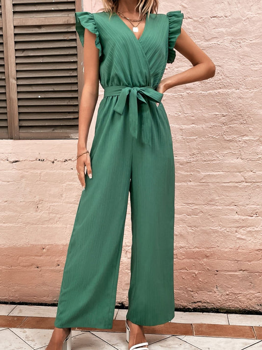 Ruffled Surplice Cap Sleeve Jumpsuit-TOPS / DRESSES-[Adult]-[Female]-Dark Green-S-2022 Online Blue Zone Planet