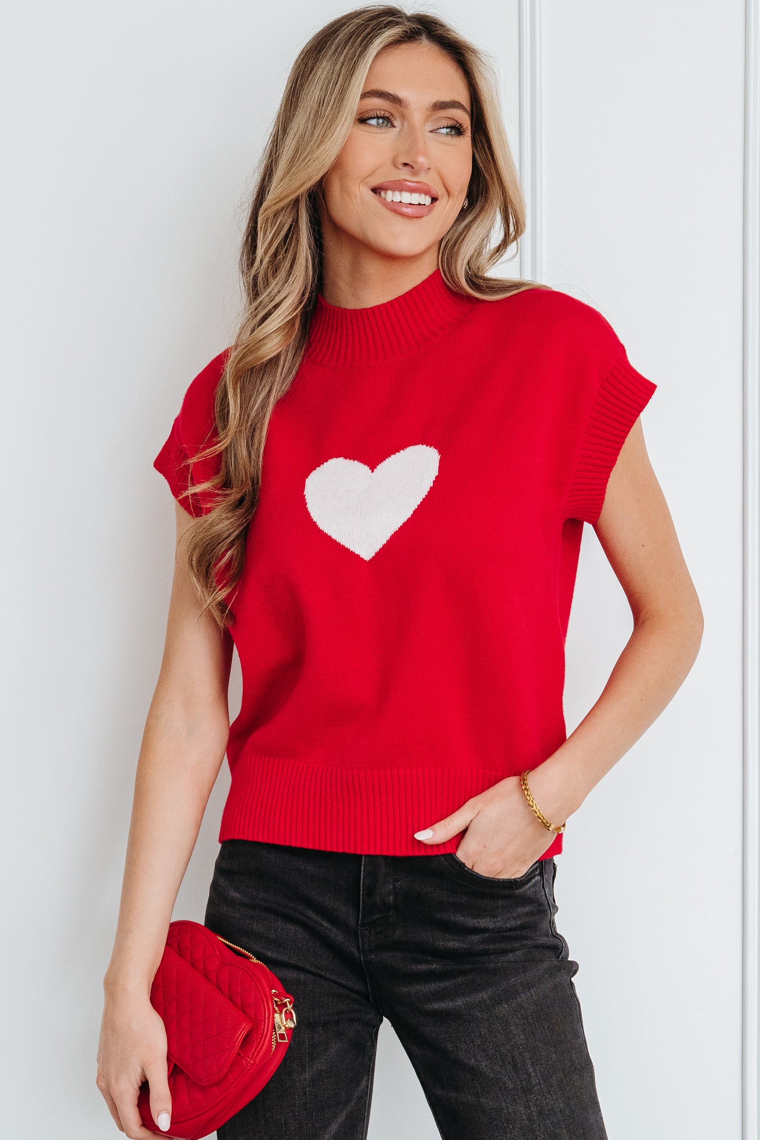 Fiery Red Valentine Heart Graphic Cropped Short Sleeve Sweater-TOPS / DRESSES-[Adult]-[Female]-2022 Online Blue Zone Planet