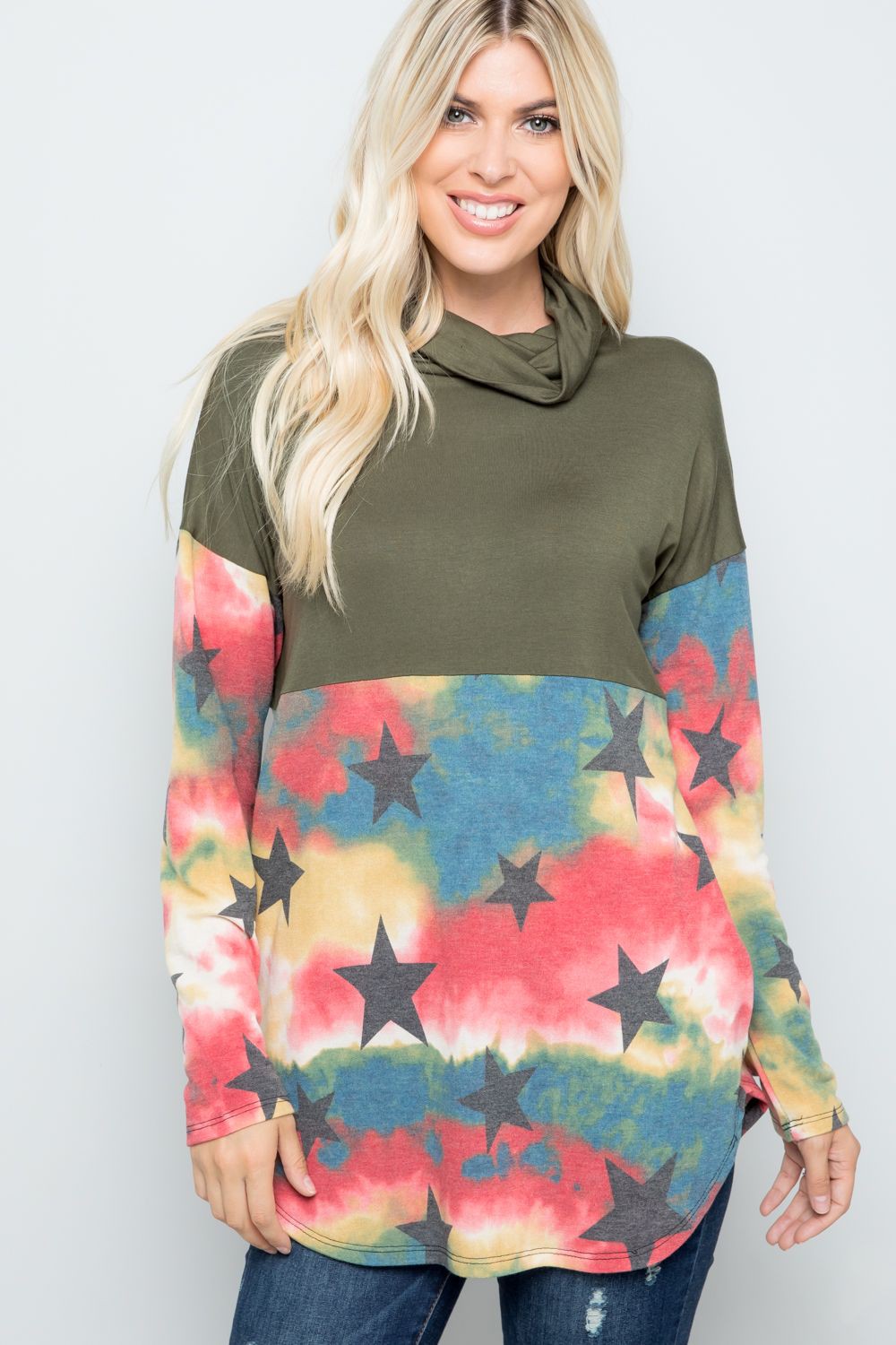 Blue Zone Planet | Celeste Full Size Tie-Dye Star Print Long Sleeve Blouse-TOPS / DRESSES-[Adult]-[Female]-Olive-S-2022 Online Blue Zone Planet