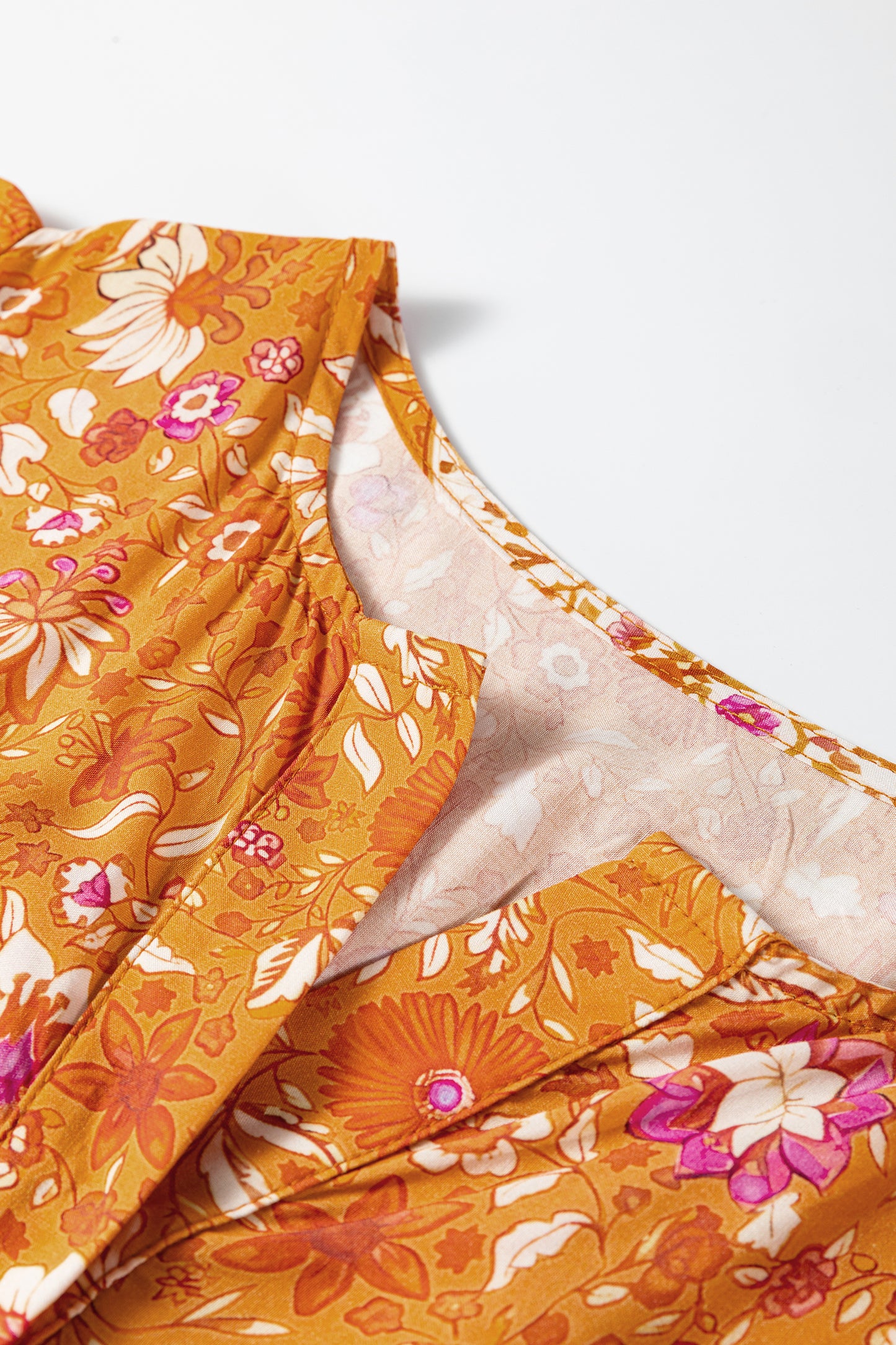 Orange Floral Print Smocked Waist Long Sleeve Boho Maxi Dress-TOPS / DRESSES-[Adult]-[Female]-2022 Online Blue Zone Planet