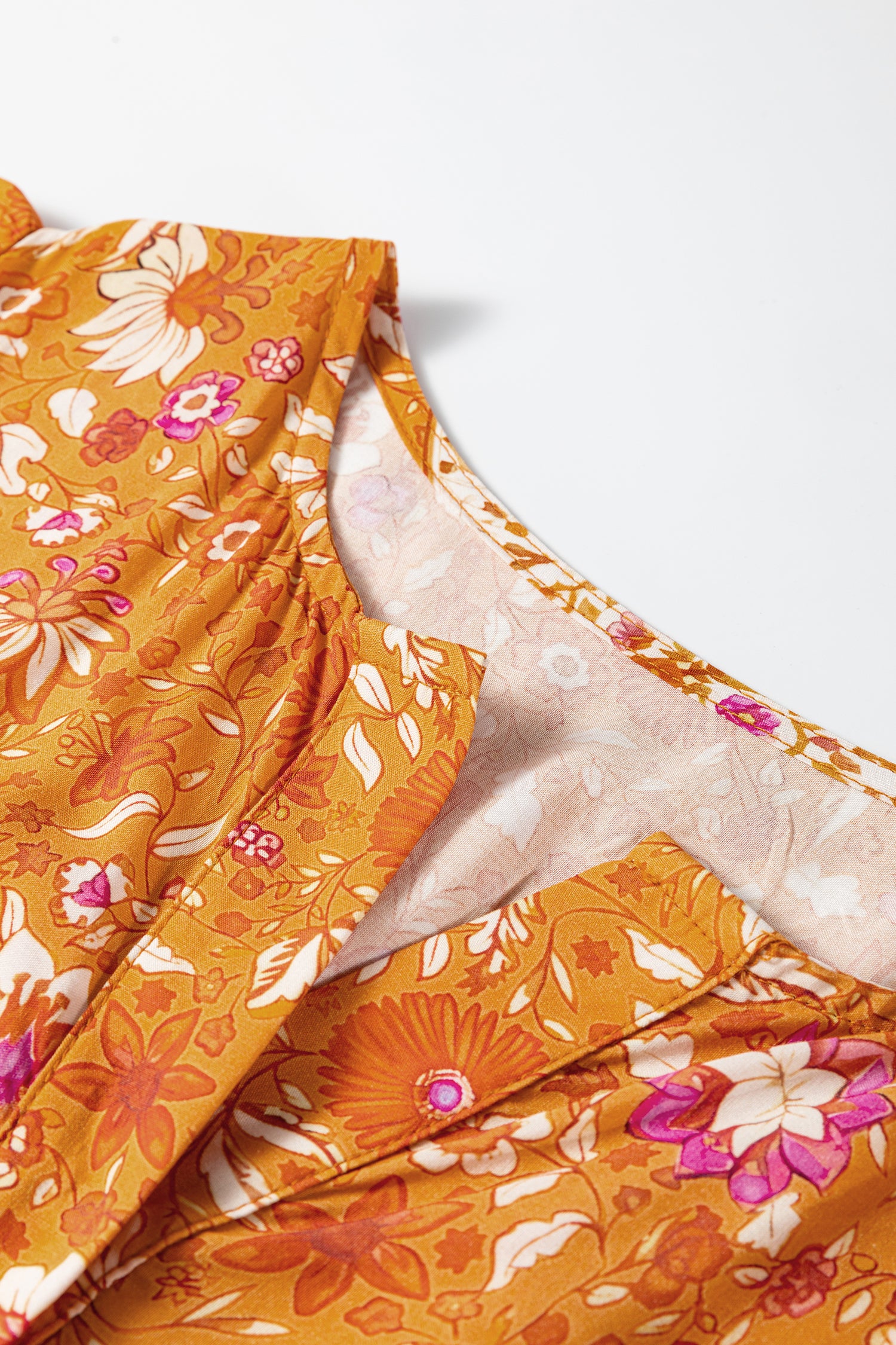 Orange Floral Print Smocked Waist Long Sleeve Boho Maxi Dress-TOPS / DRESSES-[Adult]-[Female]-2022 Online Blue Zone Planet