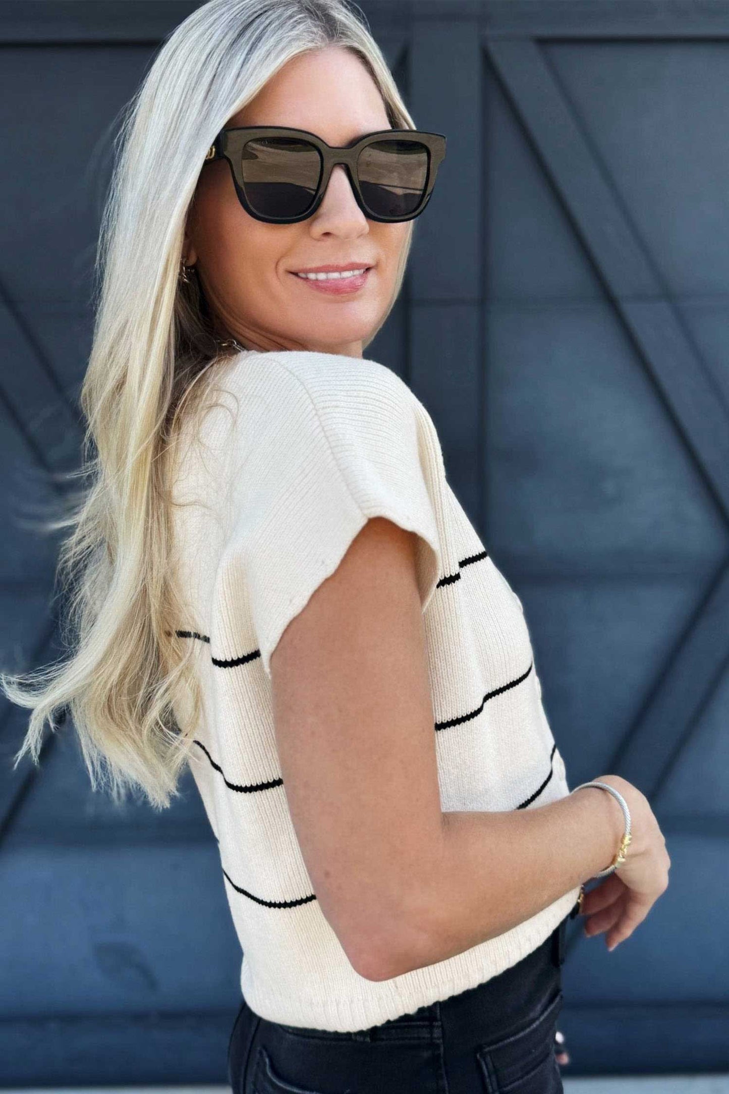 White Stripe Short Sleeve Button Front Shift Cardigan-Sweaters & Cardigans/Cardigans-[Adult]-[Female]-2022 Online Blue Zone Planet