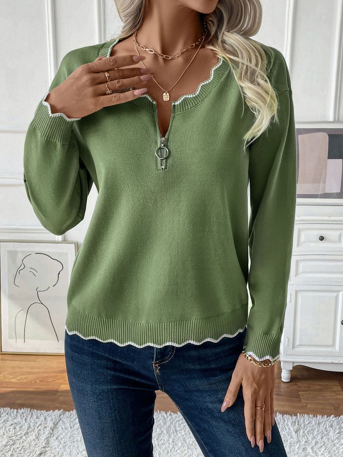 Blue Zone Planet | Contrast Trim Quarter Zip Long Sleeve Knit Top-TOPS / DRESSES-[Adult]-[Female]-Lime-S-2022 Online Blue Zone Planet