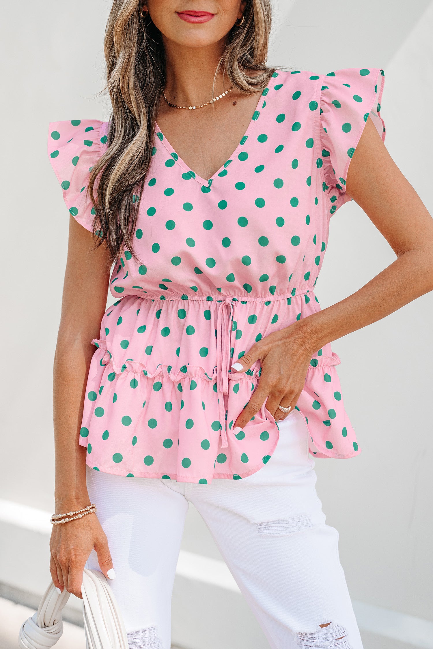 Pink V Neck Polka Dot Print Drawstring Tiered Babydoll Blouse-Tops/Blouses & Shirts-[Adult]-[Female]-2022 Online Blue Zone Planet