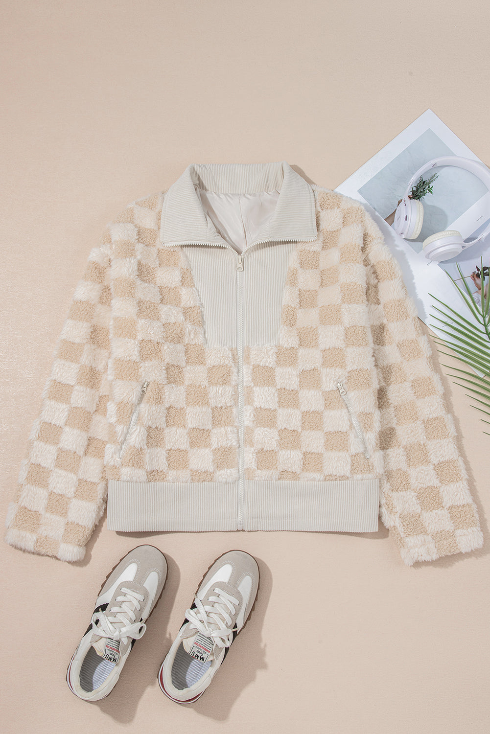 Khaki Checker Sherpa Corduroy Patchwork Zip up Collared Jacket-Outerwear/Jackets-[Adult]-[Female]-2022 Online Blue Zone Planet