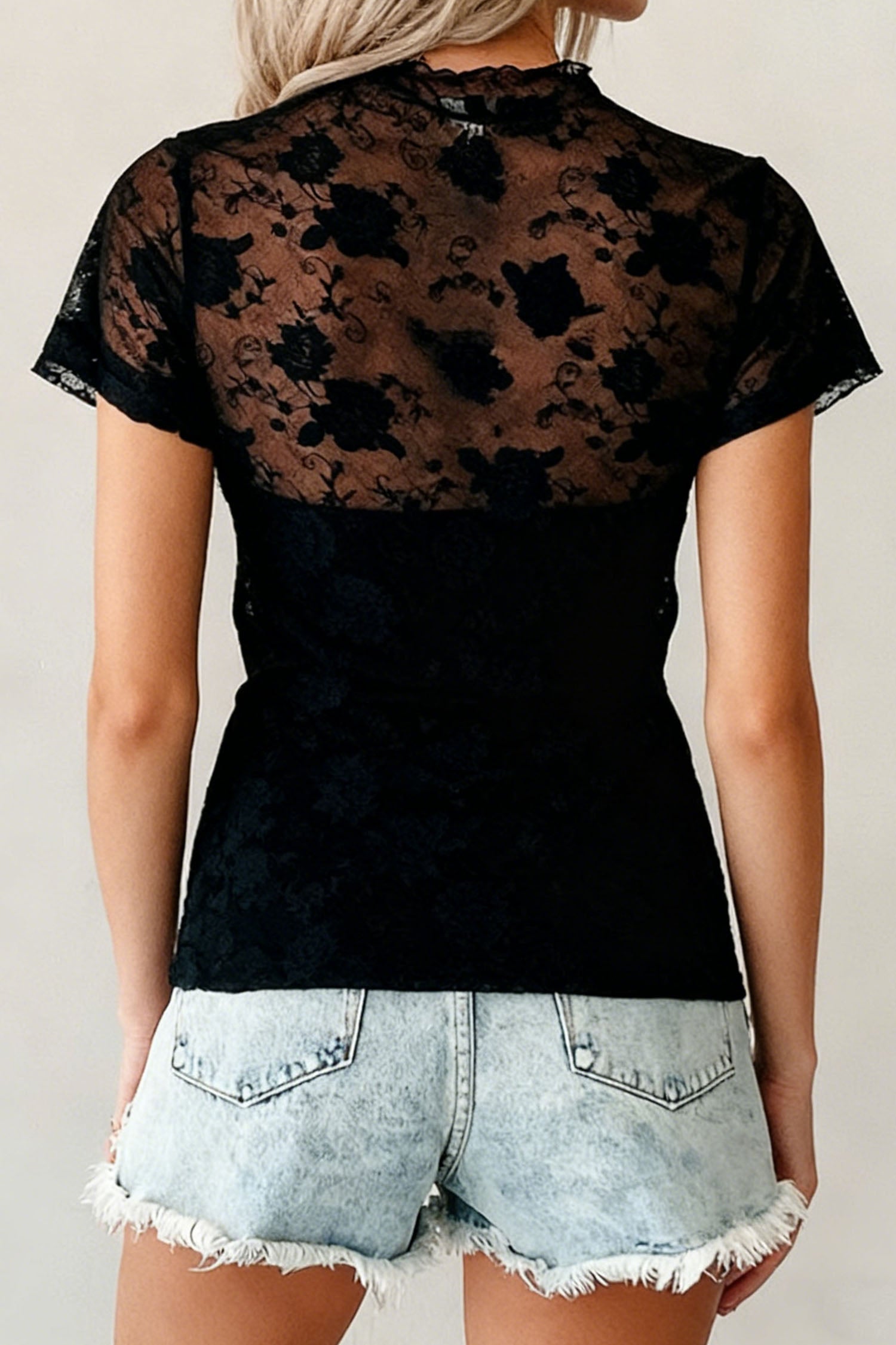 Black Floral Lace Mesh Short Sleeve Sheer Top-Tops/Tops & Tees-[Adult]-[Female]-2022 Online Blue Zone Planet