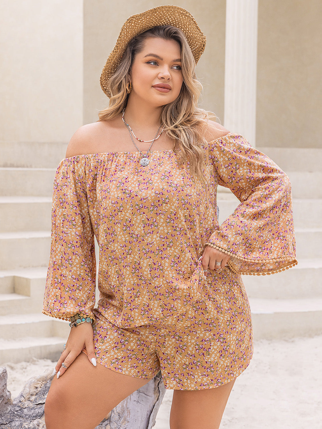 Plus Size Printed Off-Shoulder Top and Shorts Set-BOTTOMS SIZES SMALL MEDIUM LARGE-[Adult]-[Female]-2022 Online Blue Zone Planet