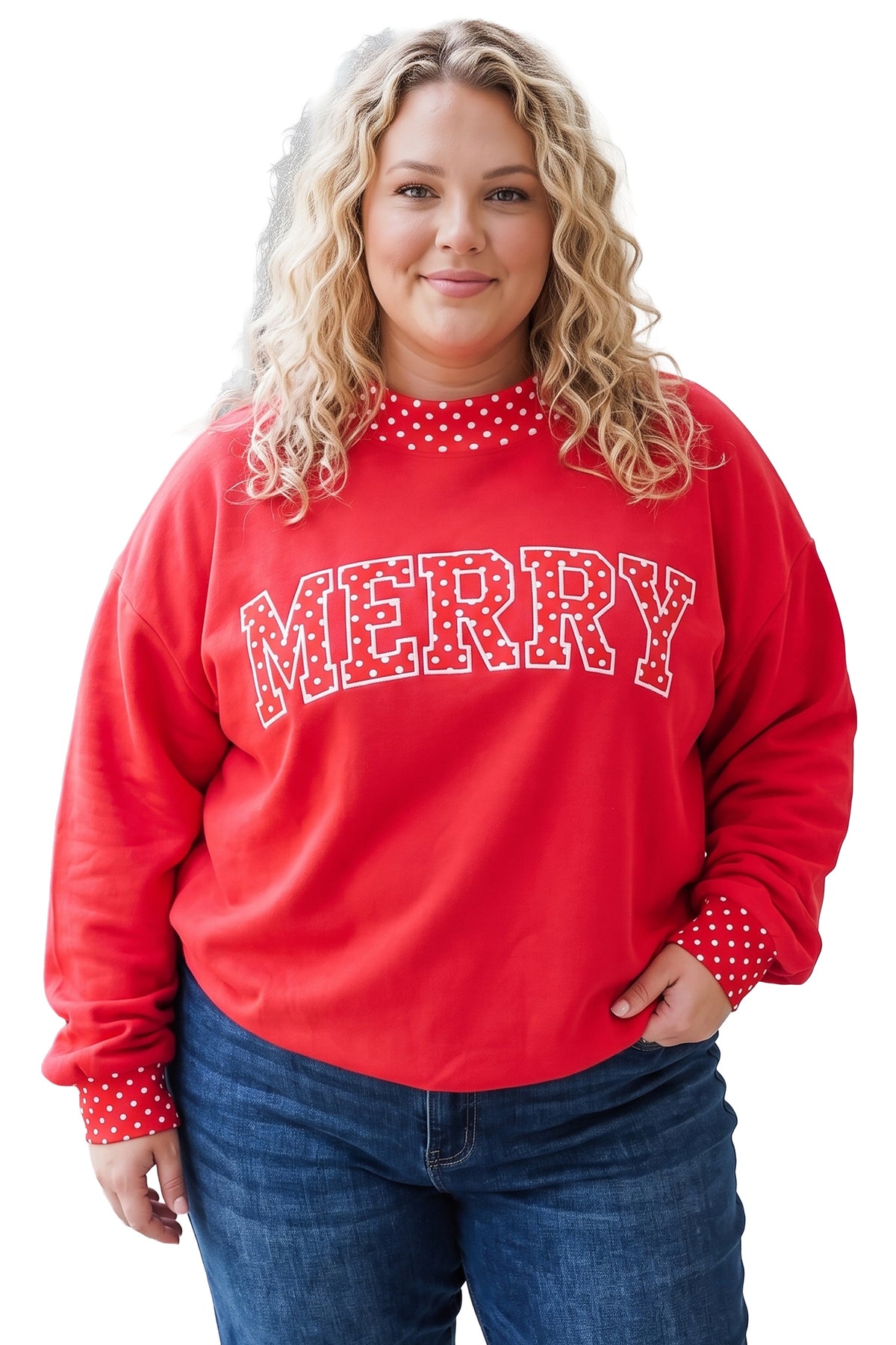Fiery Red Casual Polka Dot Patchwork Letter Graphic Plus Size Sweatshirt-Plus Size/Plus Size Sweatshirts & Hoodies-[Adult]-[Female]-2022 Online Blue Zone Planet