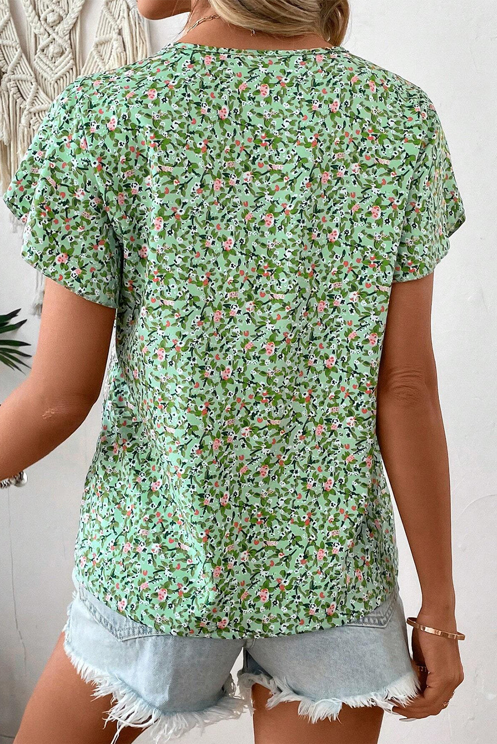 Green Boho Floral V Neck Wrap Short Sleeve Blouse-Tops/Blouses & Shirts-[Adult]-[Female]-2022 Online Blue Zone Planet
