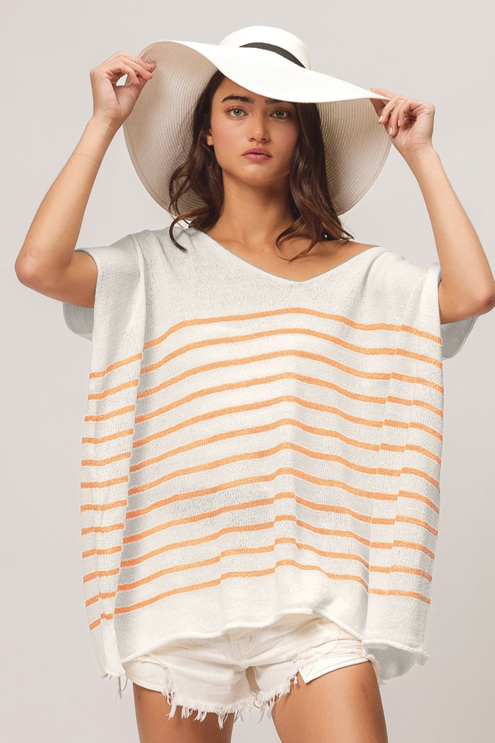 BiBi V Neck Striped Short Sleeve Top-TOPS / DRESSES-[Adult]-[Female]-Apricot-S-2022 Online Blue Zone Planet