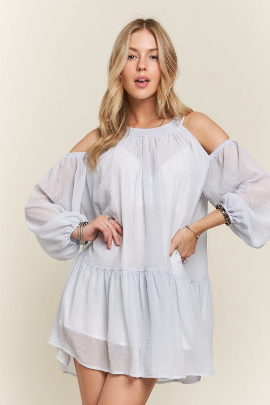 ADORA Cold Shoulder Balloon Sleeve Mini Dress-TOPS / DRESSES-[Adult]-[Female]-2022 Online Blue Zone Planet