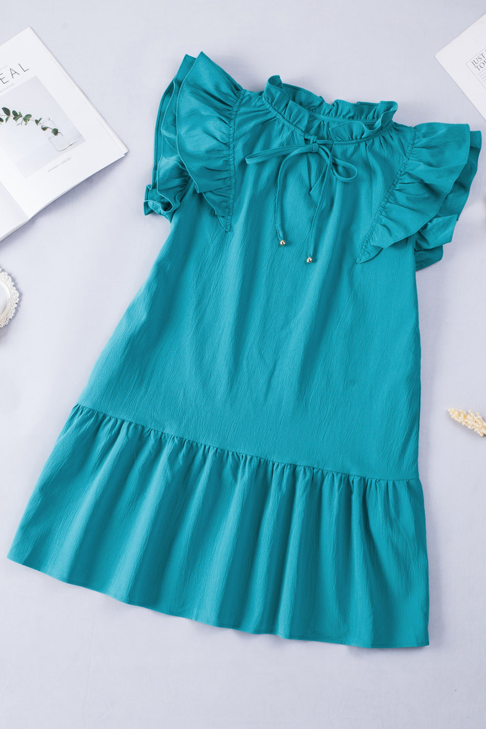 Green Tiered Ruffled Sleeves Mini Dress with Pockets Blue Zone Planet