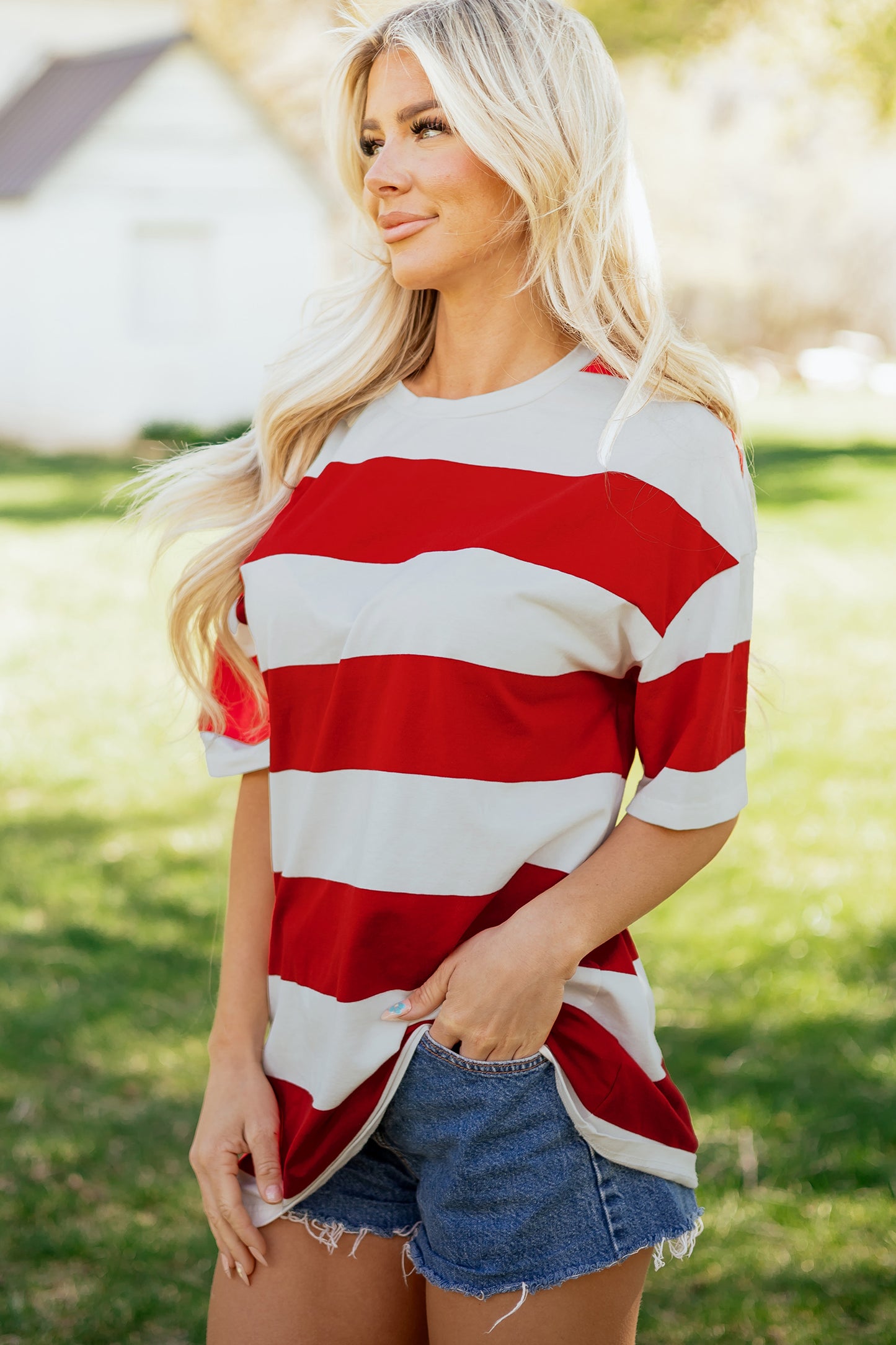 Racing Red Striped Color Block Oversize Tunic Tee-Tops/Tops & Tees-[Adult]-[Female]-2022 Online Blue Zone Planet