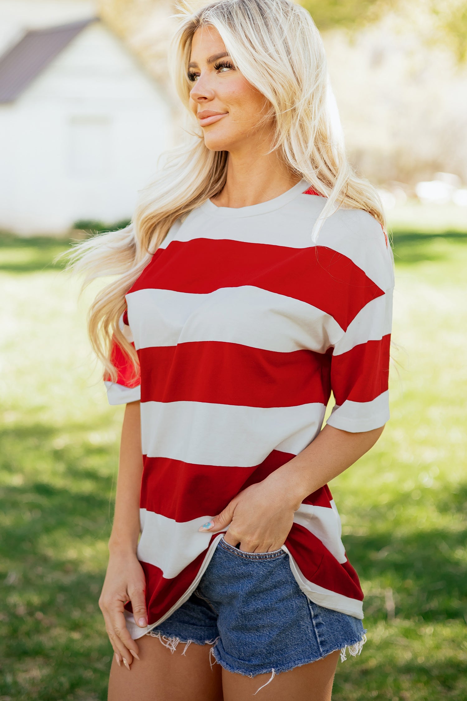Racing Red Striped Color Block Oversize Tunic Tee-Tops/Tops & Tees-[Adult]-[Female]-2022 Online Blue Zone Planet