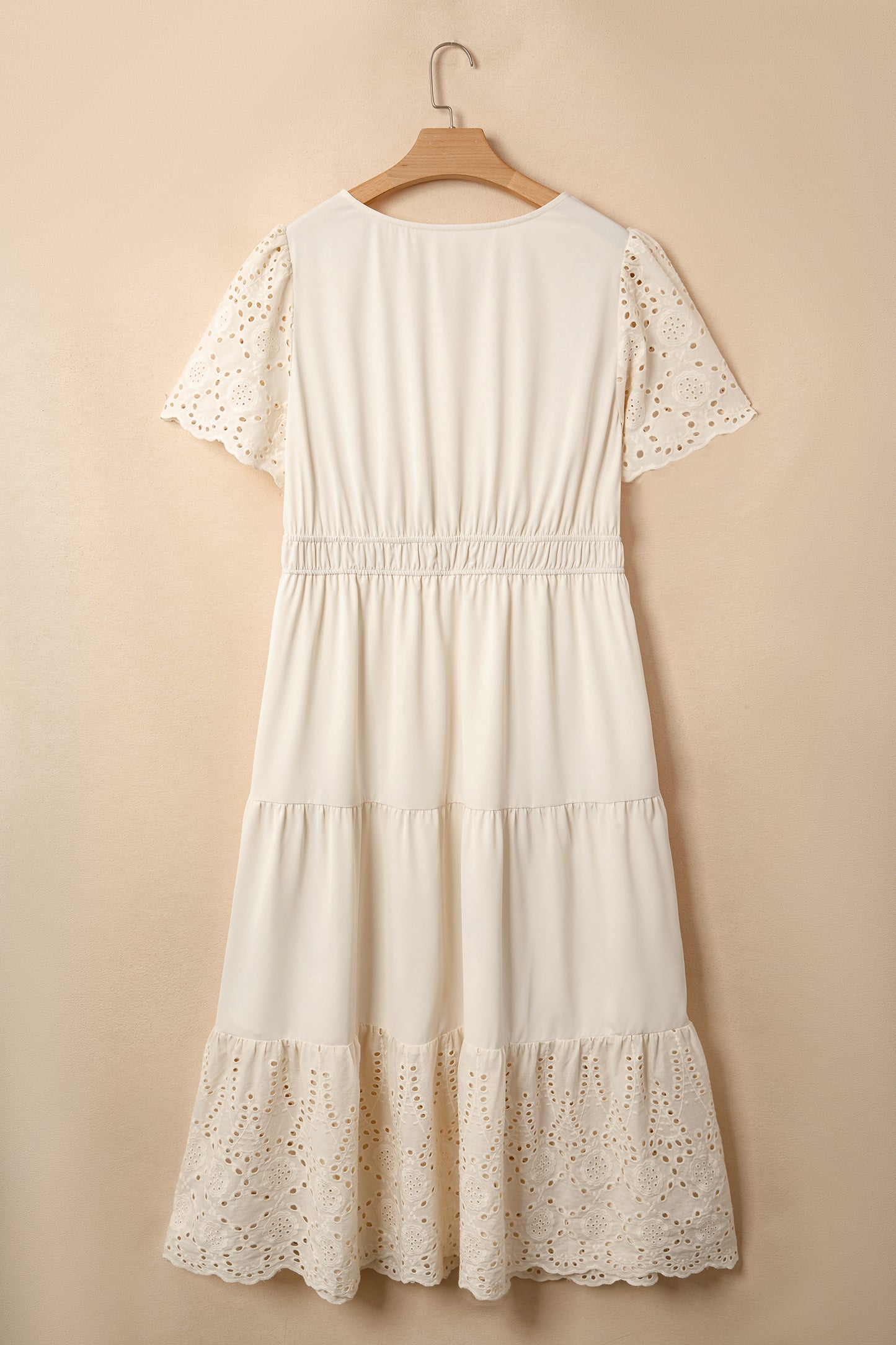 Apricot Plus Size V Neck Lacy Embroidery Patchwork Short Sleeve Maxi Dress-Plus Size/Plus Size Dresses/Plus Size Maxi Dresses-[Adult]-[Female]-2022 Online Blue Zone Planet