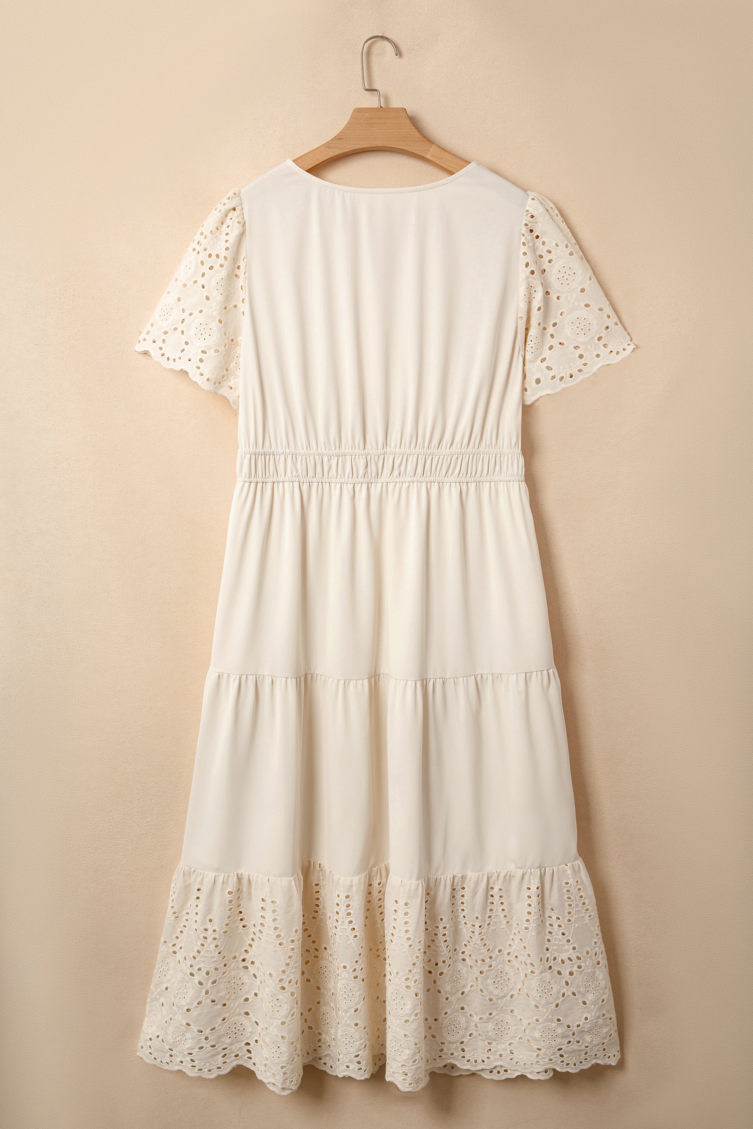Apricot Plus Size V Neck Lacy Embroidery Patchwork Short Sleeve Maxi Dress-Plus Size/Plus Size Dresses/Plus Size Maxi Dresses-[Adult]-[Female]-2022 Online Blue Zone Planet