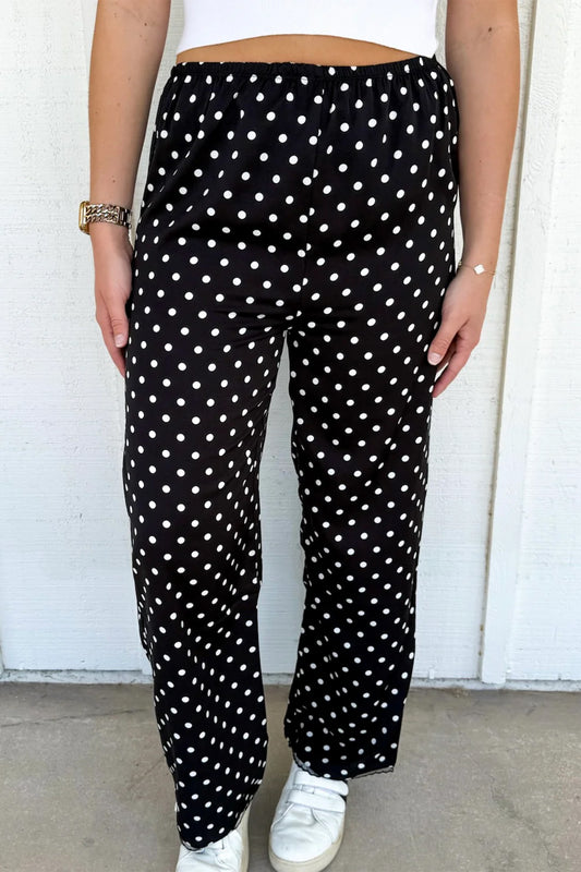 Black Polka Dot Print Elastic Waist Lace Hem Loose Pants-Bottoms/Pants & Culotte-[Adult]-[Female]-Black-S-2022 Online Blue Zone Planet