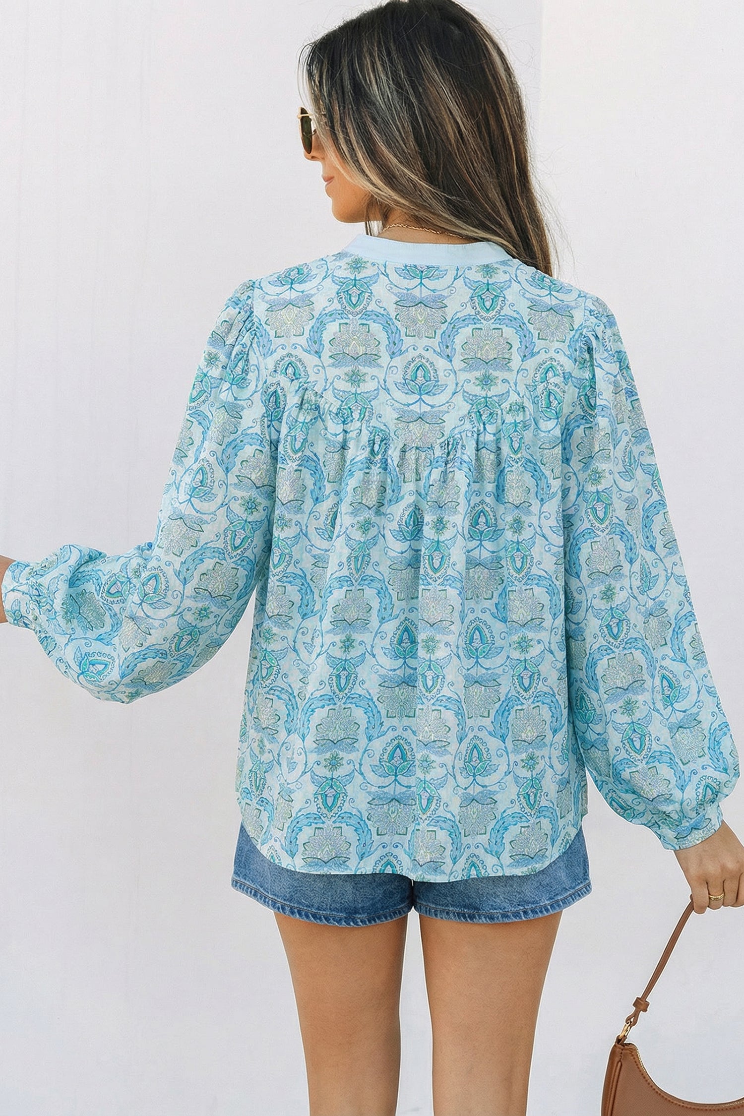 Sky Blue Paisley Print Puff Sleeve Loose Shirt-Tops/Blouses & Shirts-[Adult]-[Female]-2022 Online Blue Zone Planet
