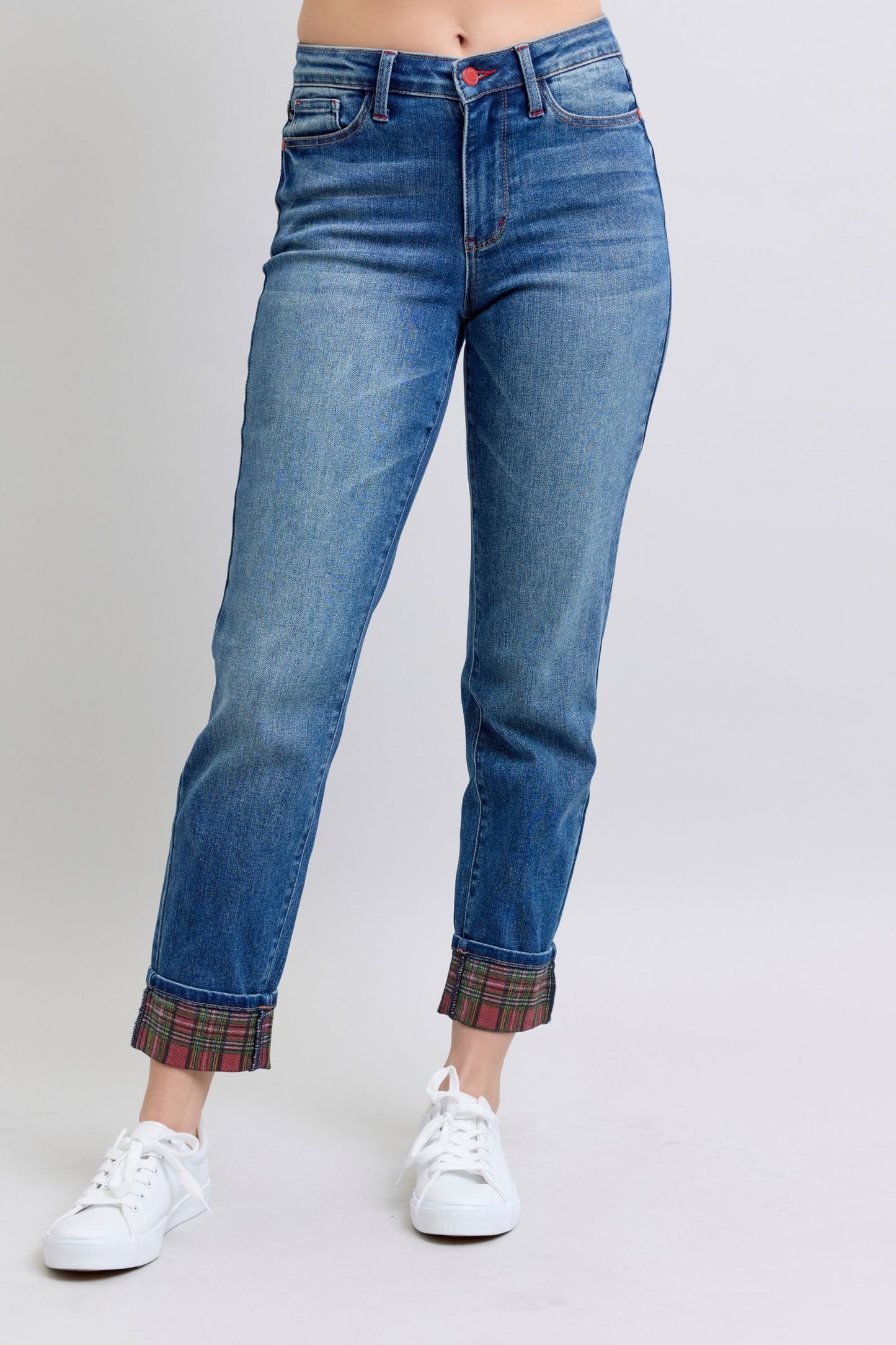 Blue Zone Planet | Judy Blue Full Size Plaid Print Cuff Straight Leg Jeans with Pockets-BOTTOMS SIZES SMALL MEDIUM LARGE-[Adult]-[Female]-2022 Online Blue Zone Planet