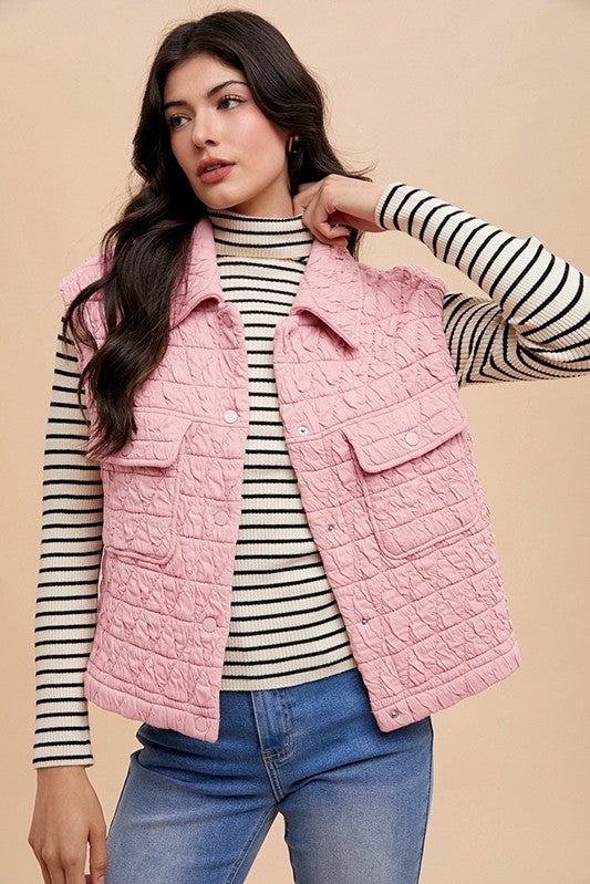 Annie Wear Texture Quilted Snap Down Vest Coat-TOPS / DRESSES-[Adult]-[Female]-Blush Pink-S-2022 Online Blue Zone Planet