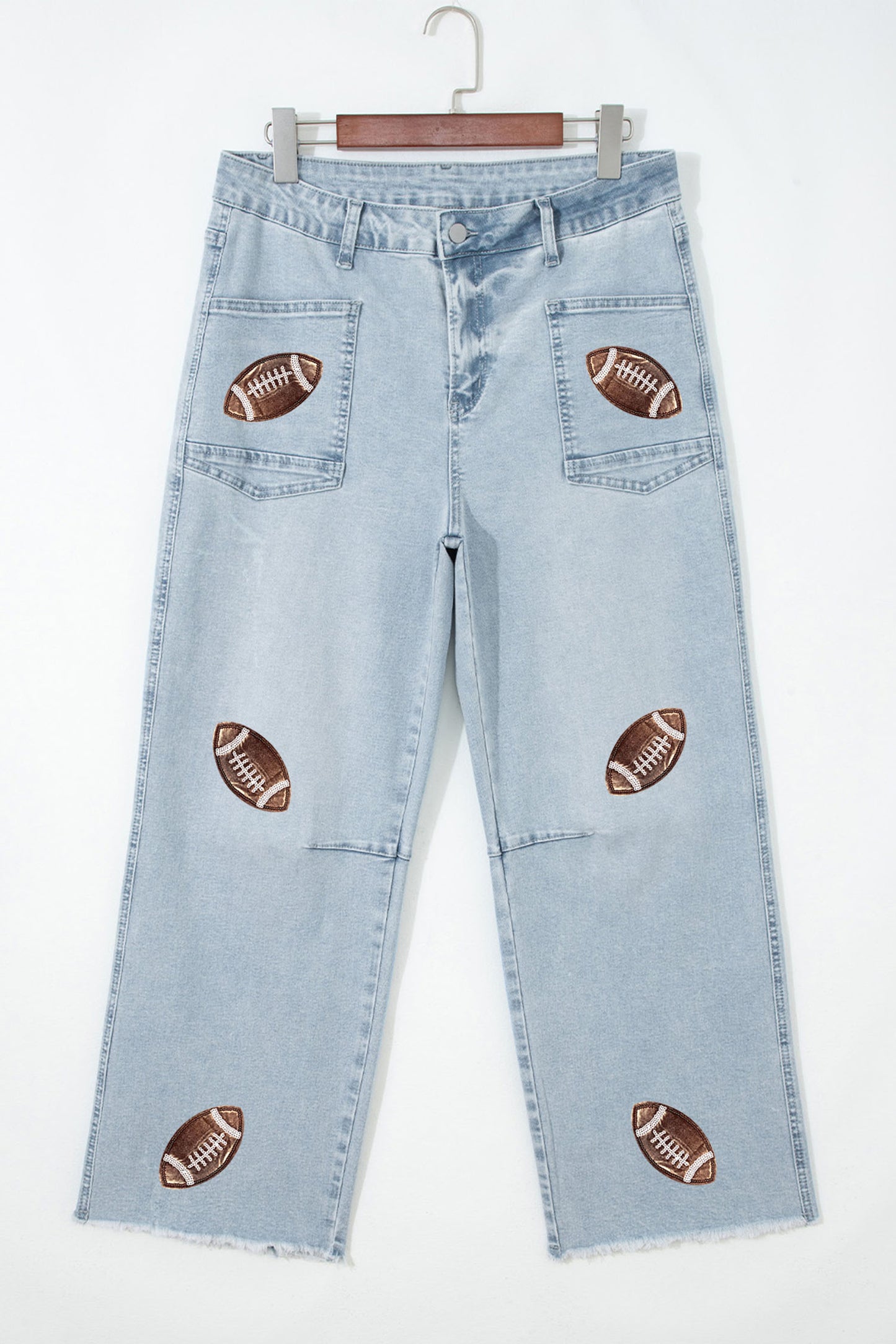 Beau Blue Sequin Detail Patched Rugby Pattern Raw Hem Shift Jeans-Graphic/Graphic Pants-[Adult]-[Female]-2022 Online Blue Zone Planet