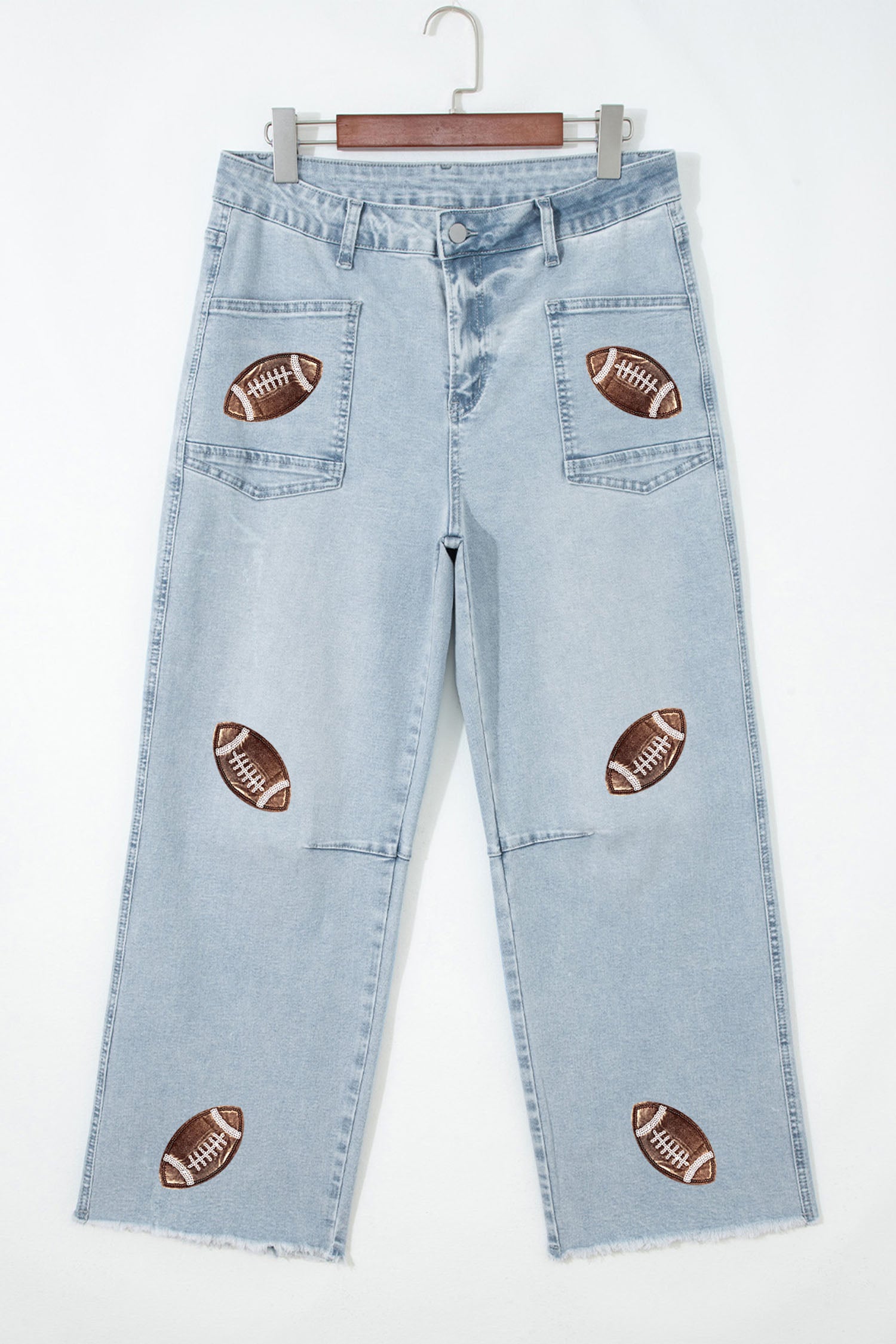 Beau Blue Sequin Detail Patched Rugby Pattern Raw Hem Shift Jeans-Graphic/Graphic Pants-[Adult]-[Female]-2022 Online Blue Zone Planet