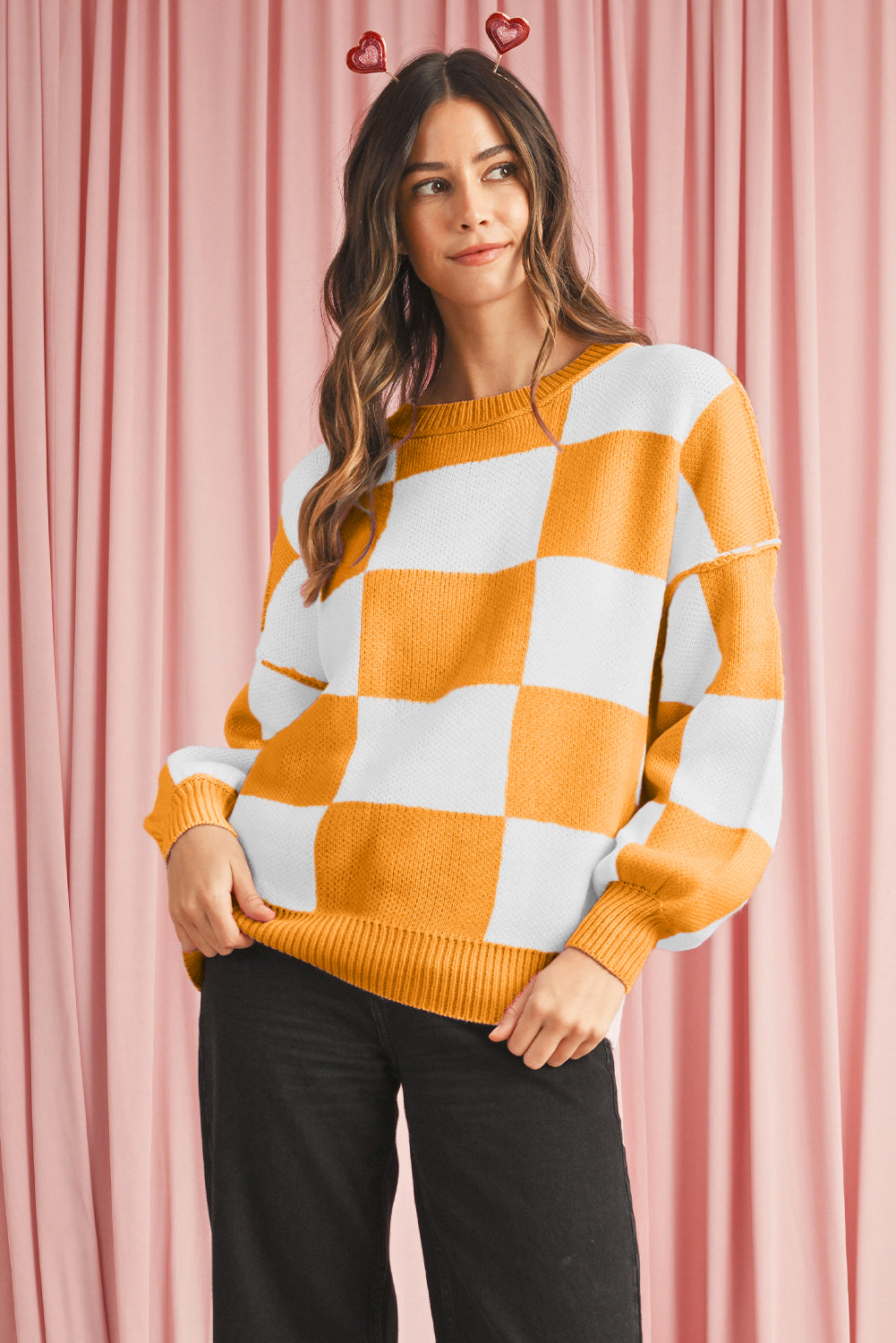 Blue Zone Planet | Pink Checked Bishop Sleeve Pullover Sweater-Sweaters-[Adult]-[Female]-Grapefruit Orange-S-2022 Online Blue Zone Planet