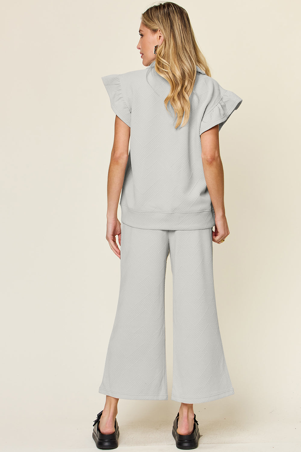 Blue Zone Planet | Double Take Texture Ruffle Short Sleeve Top and Drawstring Wide Leg Pants Set-TOPS / DRESSES-[Adult]-[Female]-2022 Online Blue Zone Planet