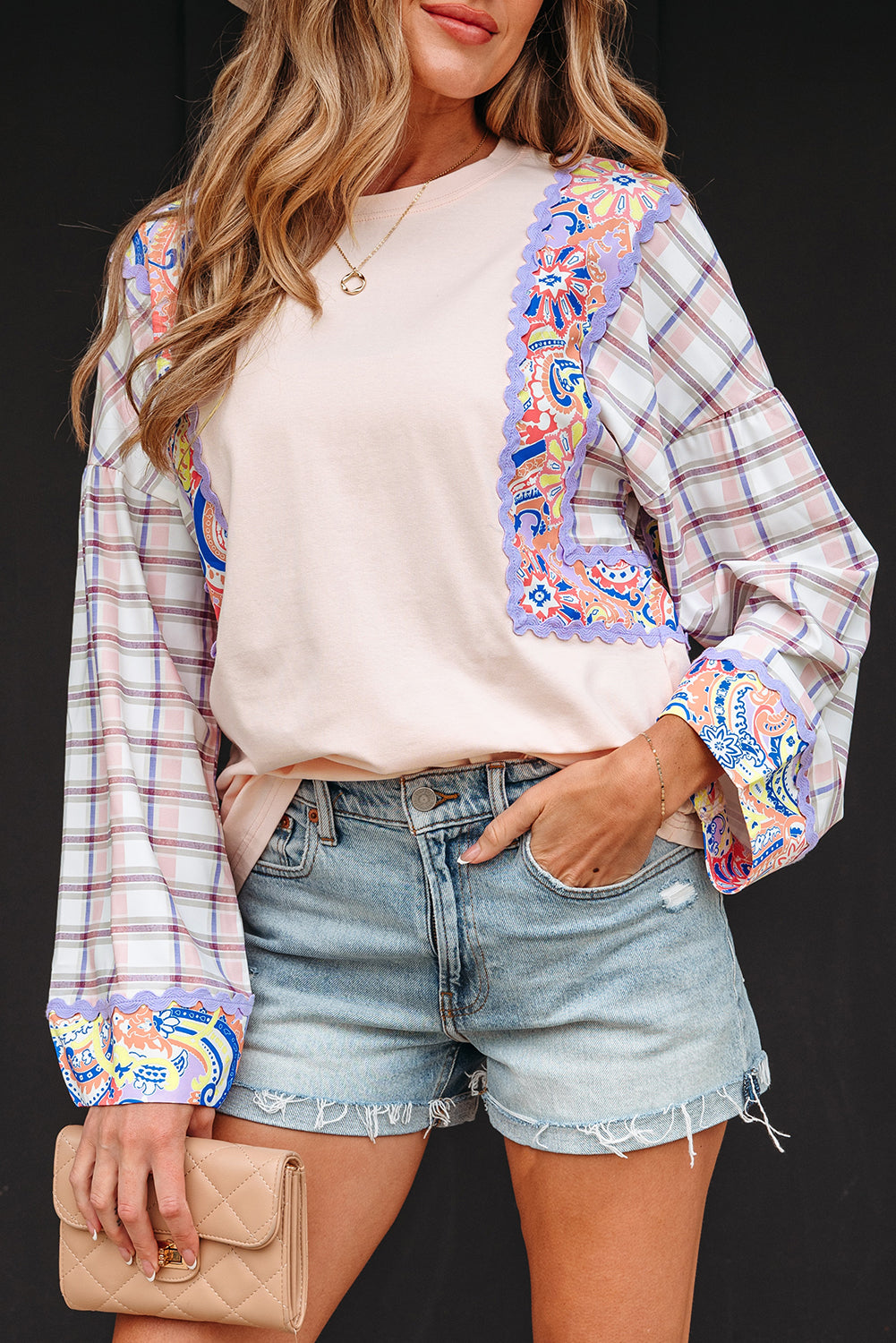Delicacy Ricrac Trim Floral Plaid Patchwork Puff Sleeve Blouse-Tops/Blouses & Shirts-[Adult]-[Female]-2022 Online Blue Zone Planet