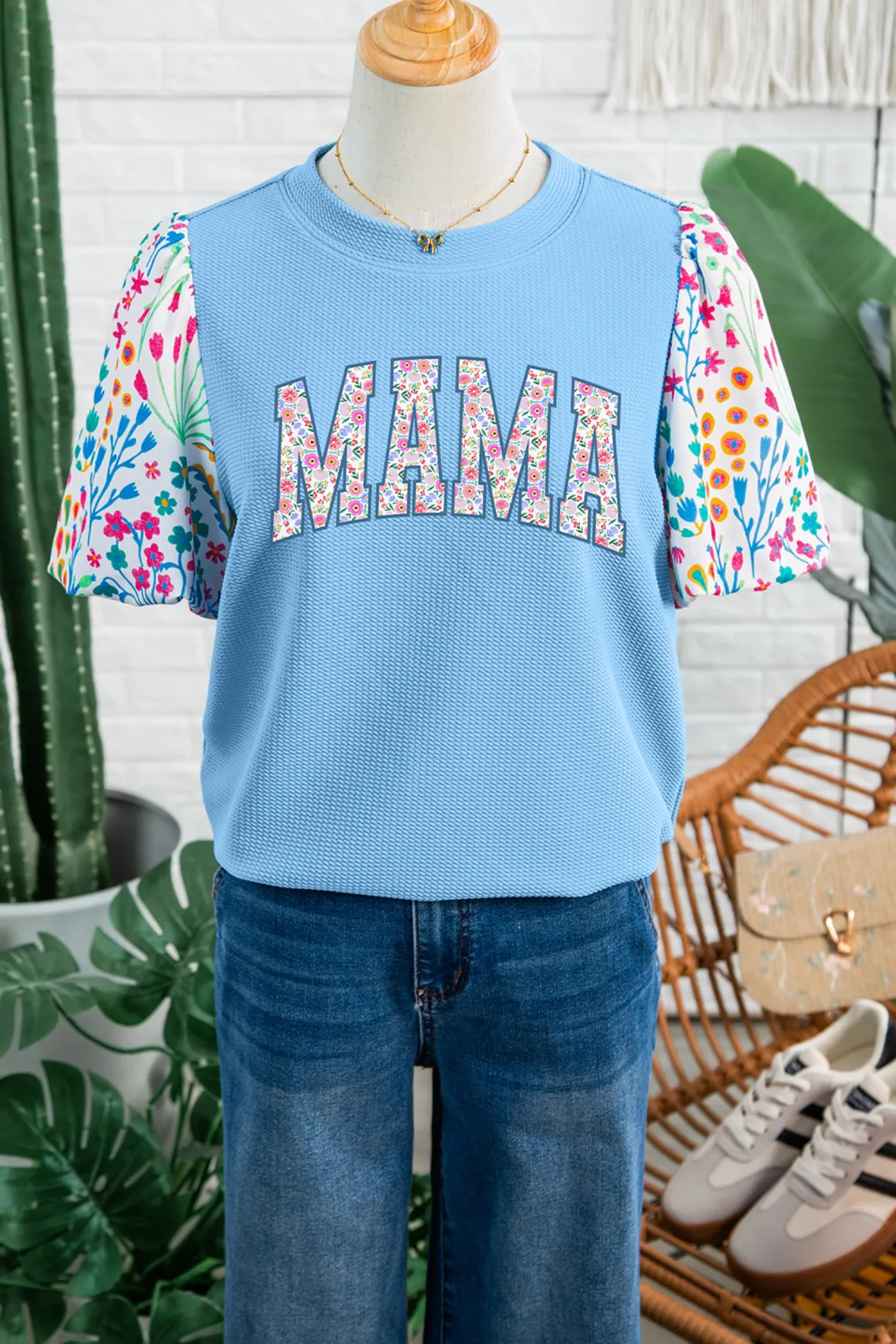 Light Blue Floral Sleeve Mama Graphic Top With Textured Knit-Graphic/Graphic Tees-[Adult]-[Female]-2022 Online Blue Zone Planet