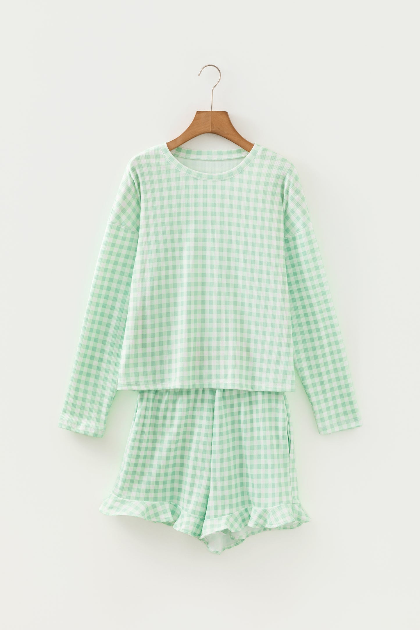 Green Gingham Long Sleeve Loose Top Drawstring Shorts 2pcs Lounge Set-Loungewear & Sleepwear/Loungewear-[Adult]-[Female]-2022 Online Blue Zone Planet