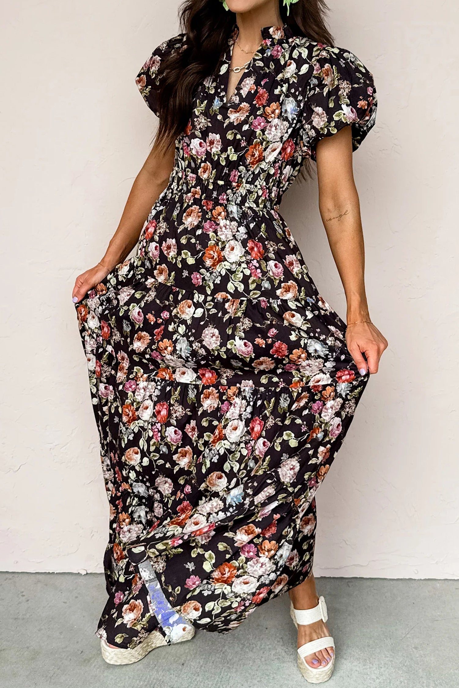 Black Floral Print V Neck Pleated Tiered Maxi Dress-TOPS / DRESSES-[Adult]-[Female]-2022 Online Blue Zone Planet